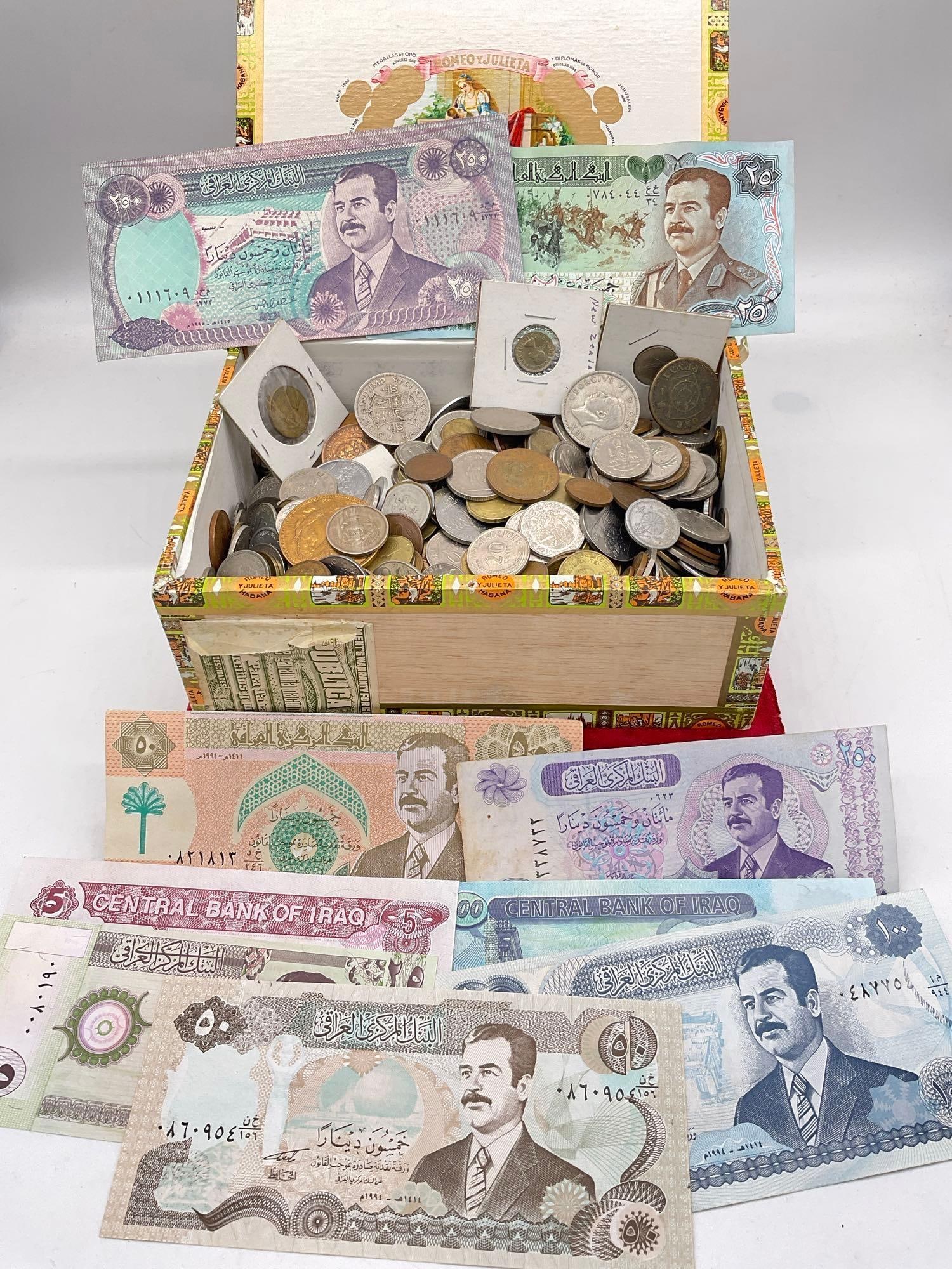 Large selection of antique & modern foreign coins in cigar box w/ Saddam Hussein Iraqi Denars (1 of 7)