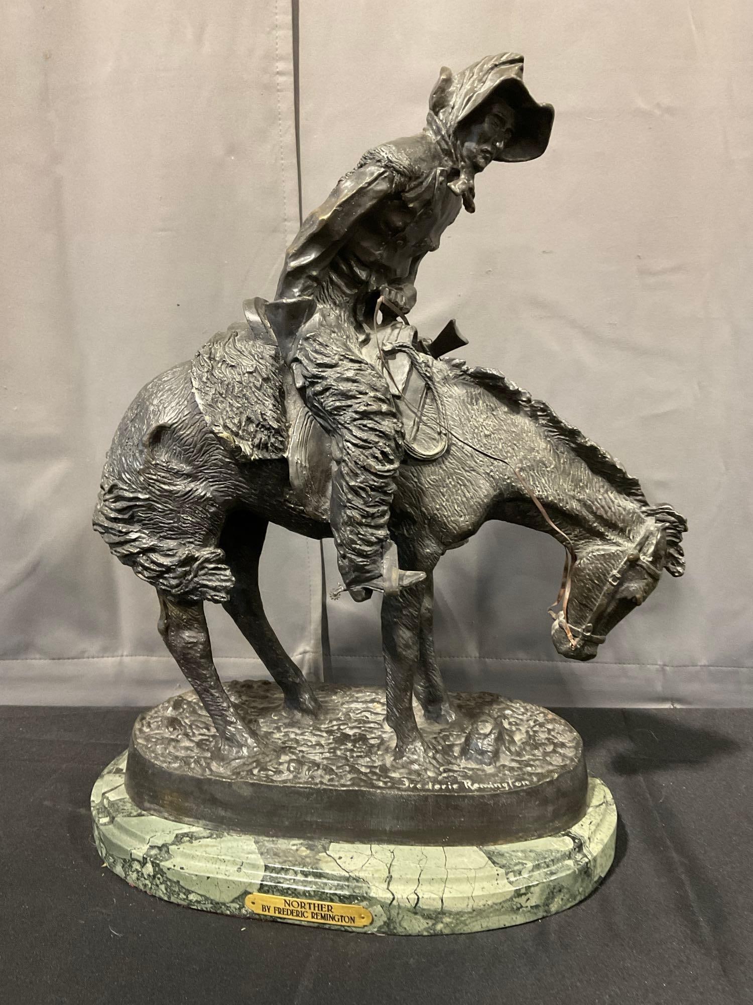 Cast Bronze Sculpture titled Norther by Frederic Remington w/ marble base, 24h x 19w x 11d inches (1 of 4)