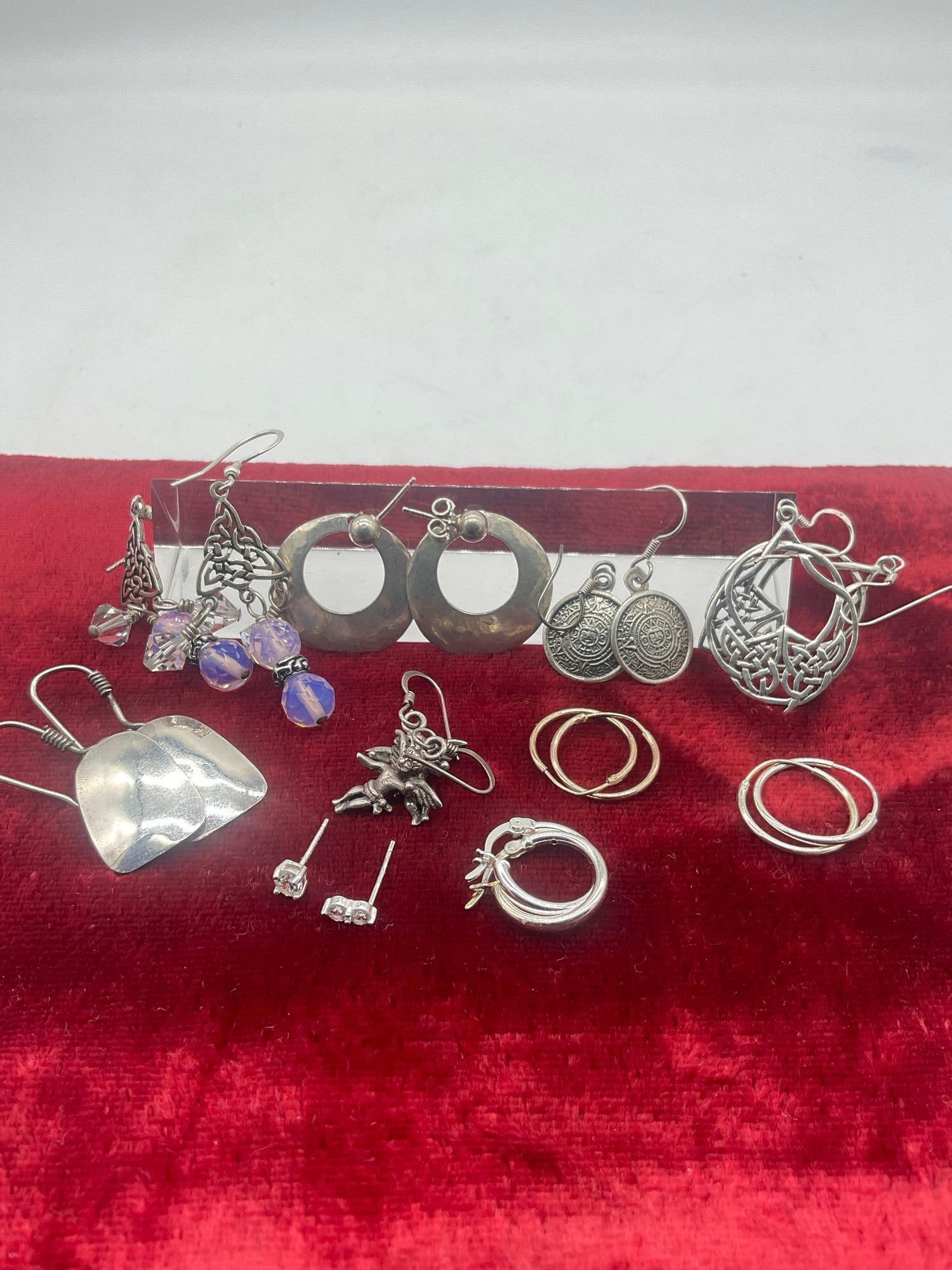 9 pairs of sterling silver earrings and 2 mismatched studs, various styles (1 of 3)