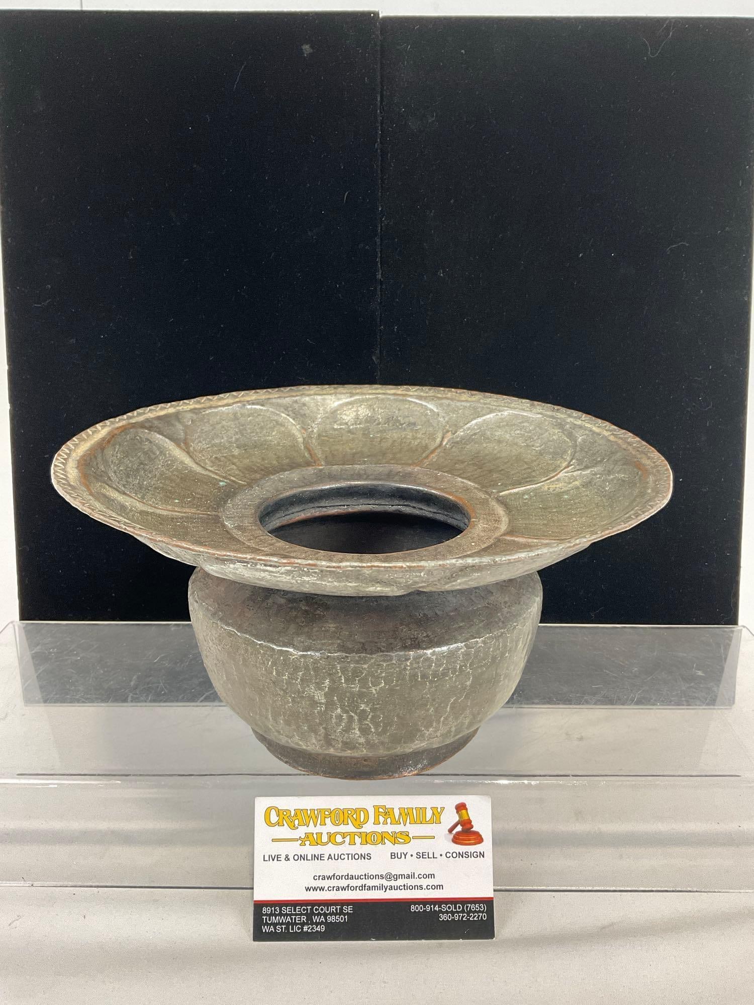 Antique 1850s Turkish Hammered Tinned Copper Spittoon, 6h x 10w x 10d inches, flower shaped top (1 of 5)