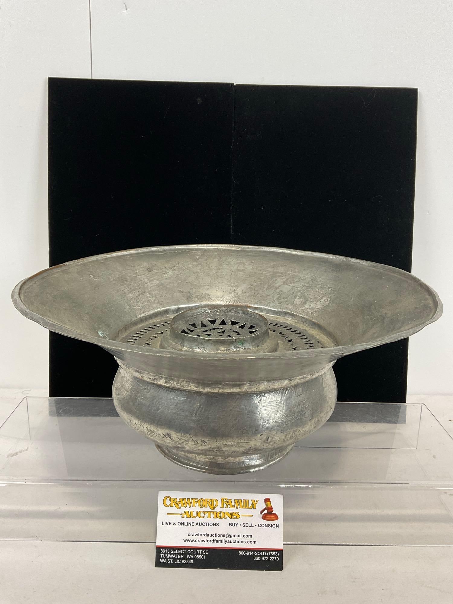 Vintage Tinned Copper Incense Basin with Punched Metal Insert, 6h x 13w x 13d inches (1 of 4)