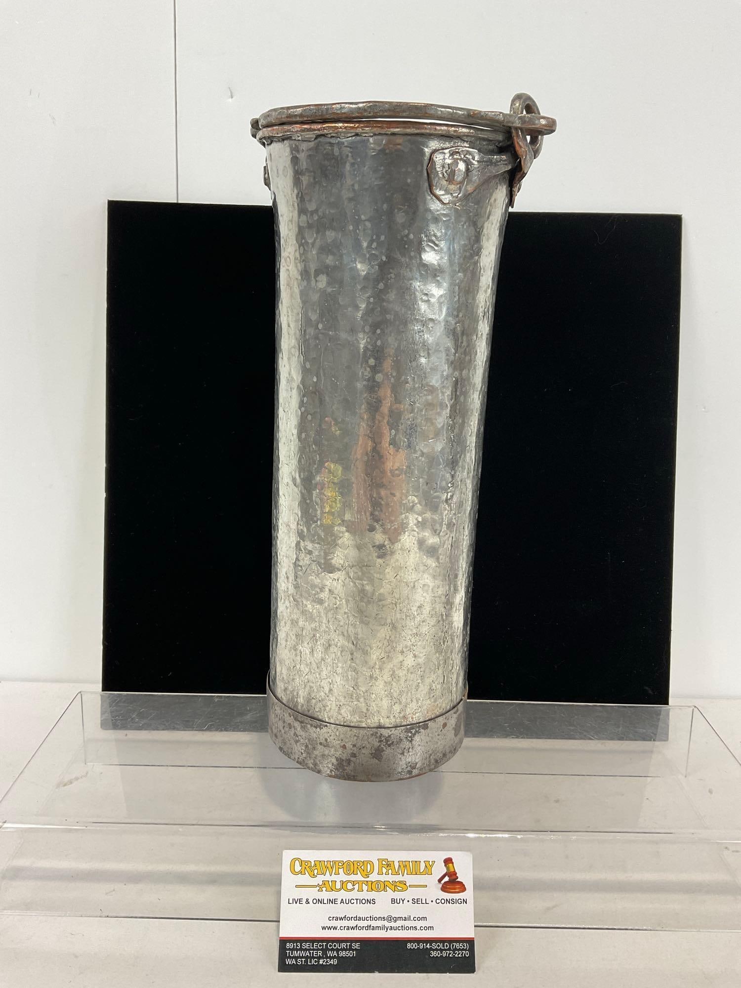 Antique Turkish Hammered Tinned Copper Bucket, approx 14h x 6w x 6d inches: Appears to be in good shape. The piece measures approx 14h x 6w x 6d inches. See pics. E-5170