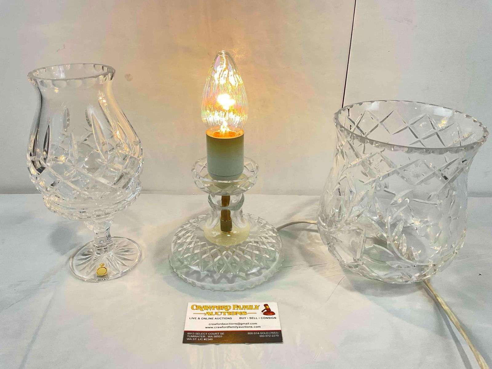 3 pcs Vintage Crystal Glass Assortment, incl. 2x Shades & 1x Lamp. Tested, Works. See pics.: 3 pcs Vintage Crystal Glass Assortment, incl. 2x Shades & 1x Lamp. Tested, Works. Very Good Condition. Largest measures 9" x 9" x 9" DM-4760