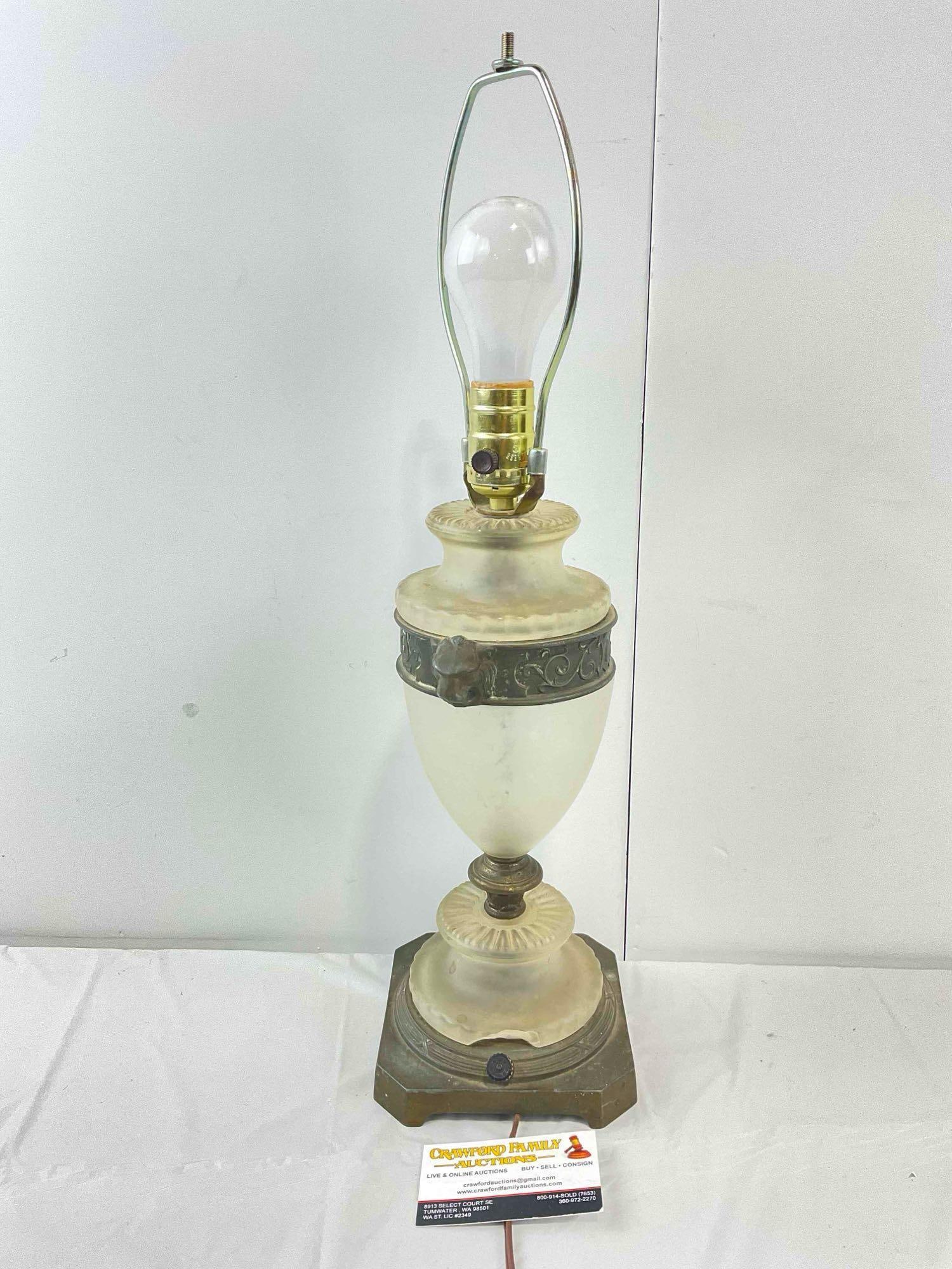 Vintage Lovely Electrified Oil Lamp? w/ Frosted Glass Urn Body & Brass Base. Tested, Works.: Vintage Lovely Electrified Oil Lamp? w/ Frosted Glass Urn Body & Brass Base. Tested, Works. Could be Art Deco? Needs a thorough cleaning, glass is missing a piece, condition is otherwise good. Mea