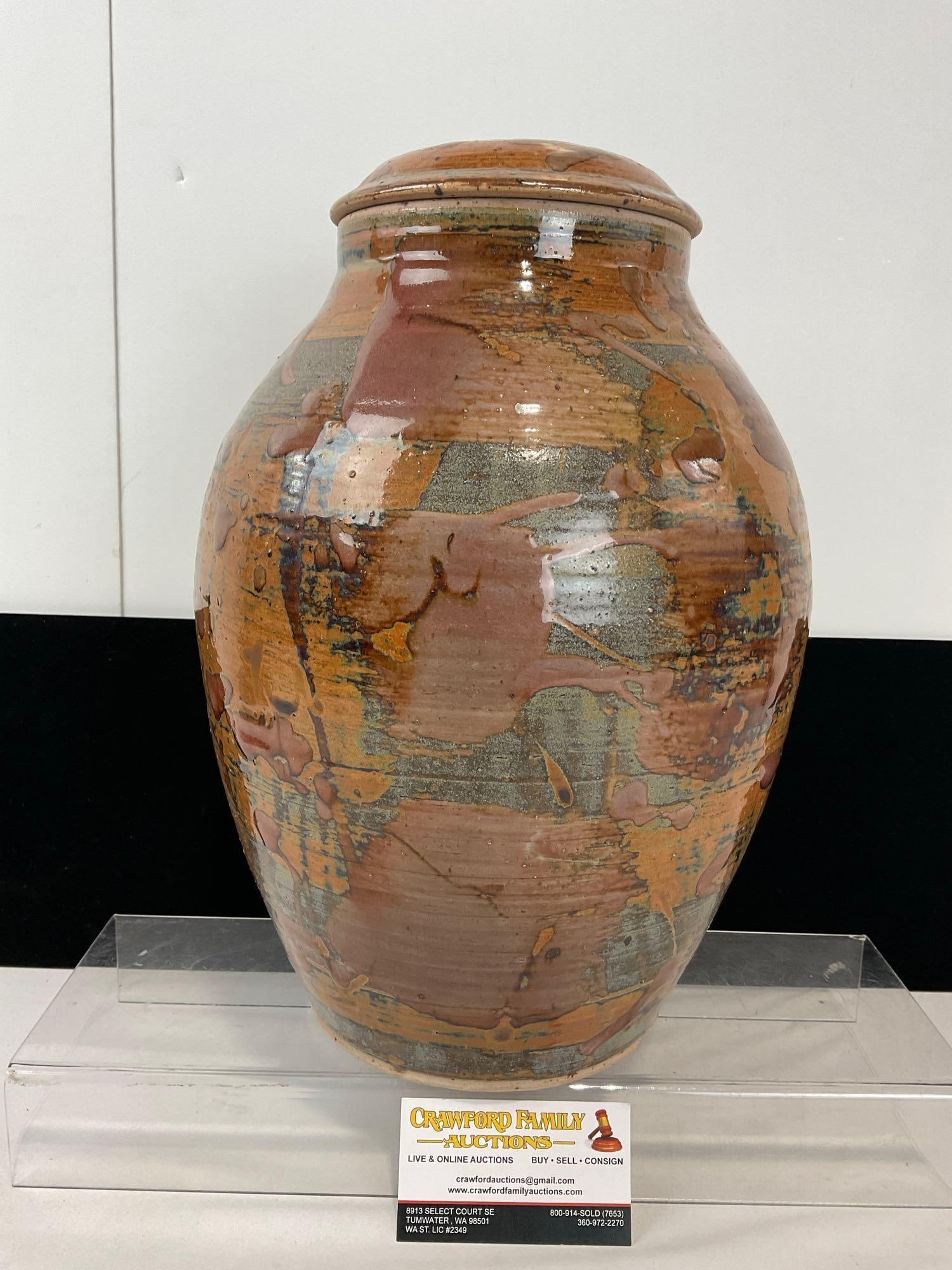 Vintage Handmade Stoneware Vase w/ Lid, Brown, Ochre & Grey glaze, 15h x 10w x 10d inches (1 of 7)