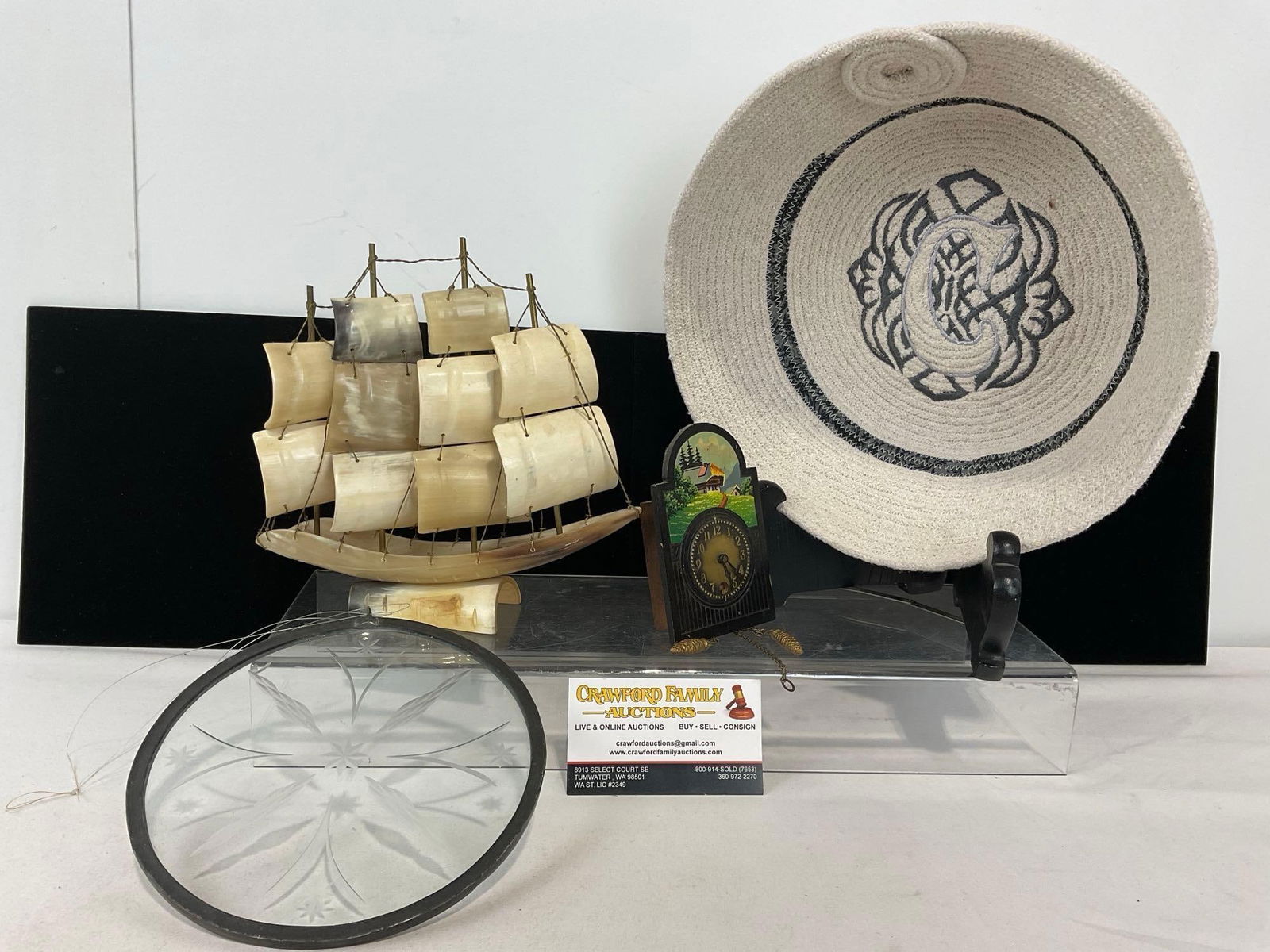 Woven Basket, Ship Figure made of Carved Animal Horn, Small Cuckoo Clock & Glass Coaster Hanging: Appears to be in good shape. The piece measures approx 4h x 11w x 11d inches. See pics. E-5130