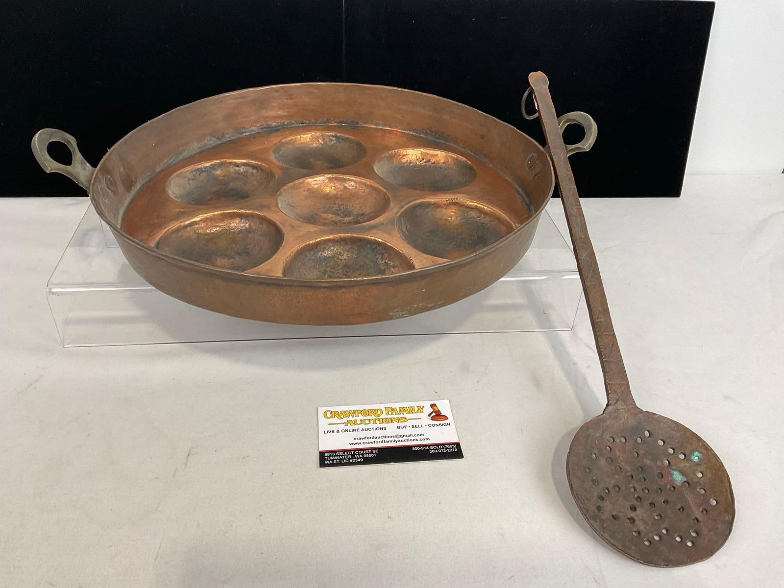 Antique Turkish Copper Egg Poacher/Escargot Pan w/ Brass Handles & Antique Copper Spatula (1 of 5)