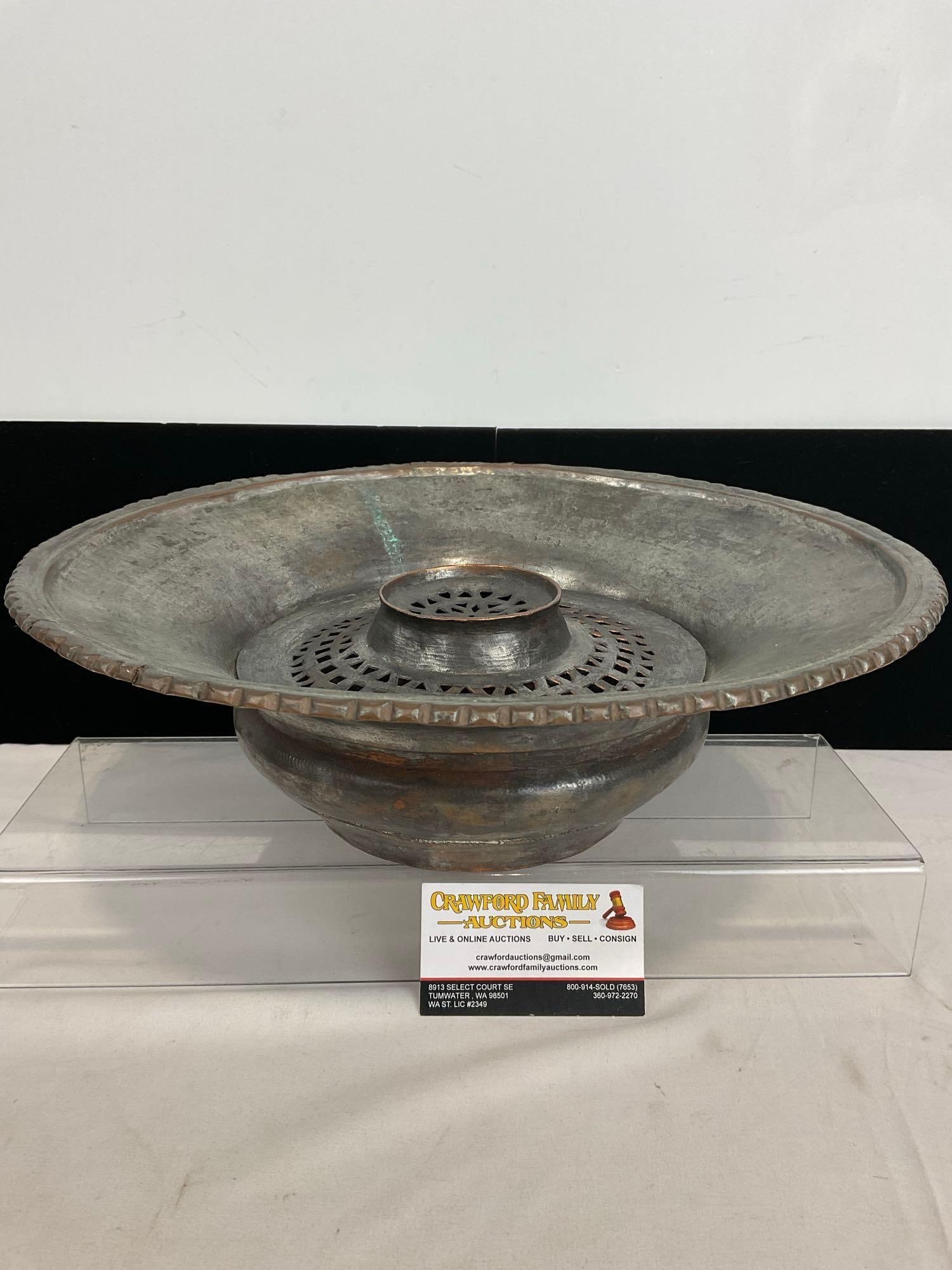 Antique 1850s Turkish Foot Washer, Hammered Tinned Copper, 6h x 15w x 15d inches: Collection from a single consignor, who gathered these while living in Europe for many years. Most pieces are from are of Turkish/Greek origin, or otherwise European. Appears to be in good shape. The