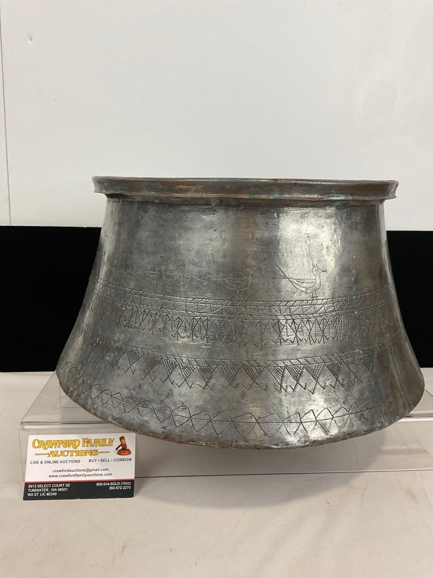 Antique Turkish Engraved Tinned Copper Basin, 9h x 14w x 14d inches (1 of 6)