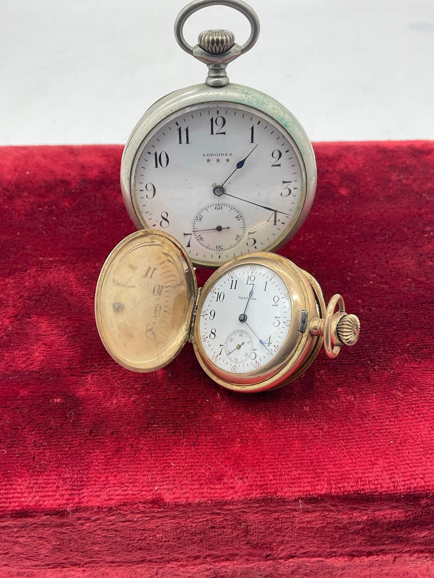 1913-15 Antique Longines Pocket watch, & Antique 1907 Waltham Smaller Watham Pocket watch: Both Sold as-is not running Longines # Number is 2989545 Waltham Is 16304020 info as follows Manufacturer Waltham Manufacturer Location:Waltham, Massachusetts Movement Serial Number:16304020 Grade:no.