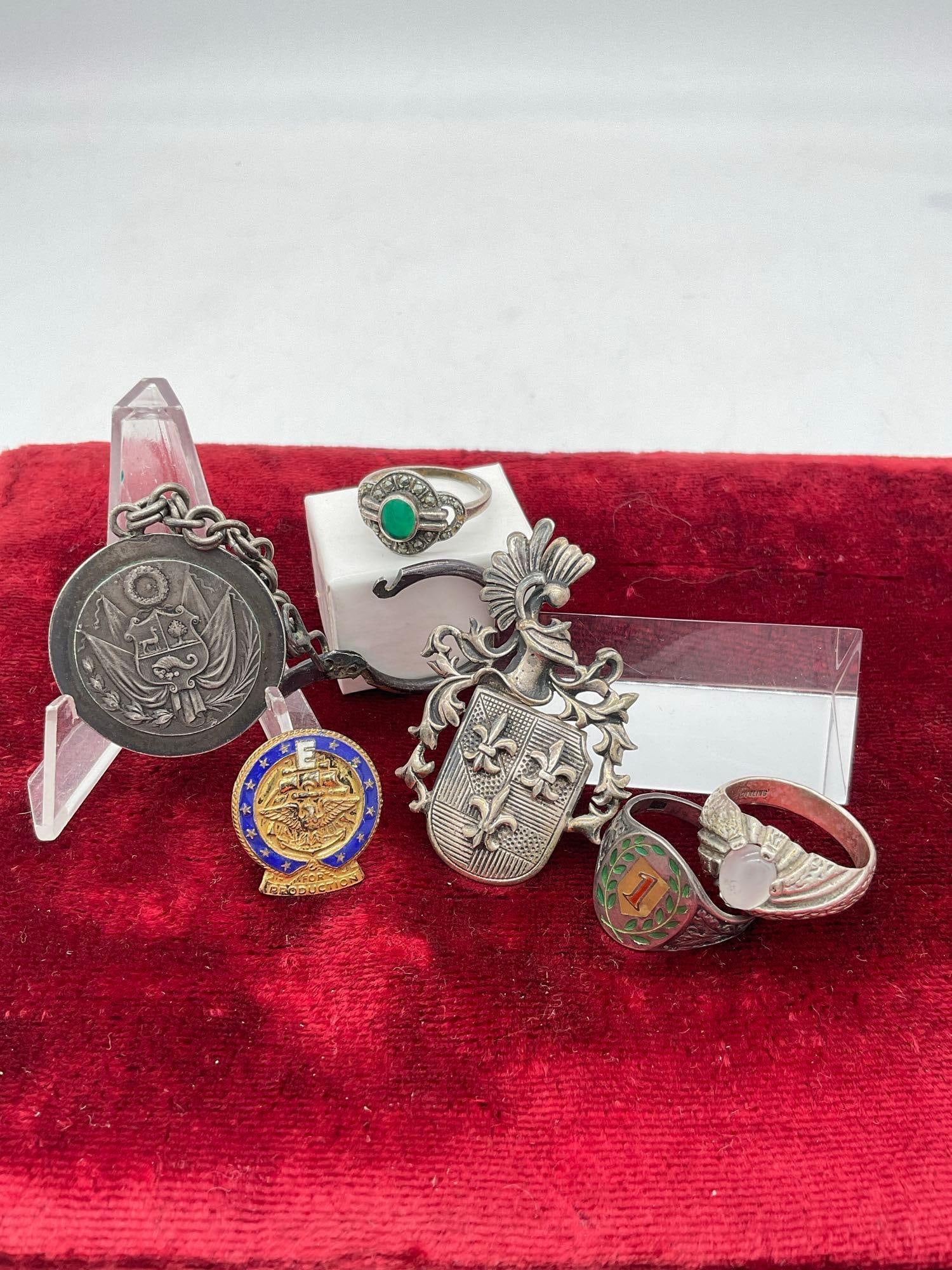 Collection of antique & vintage Sterling Silver rings , pins & key chain see description (1 of 4)