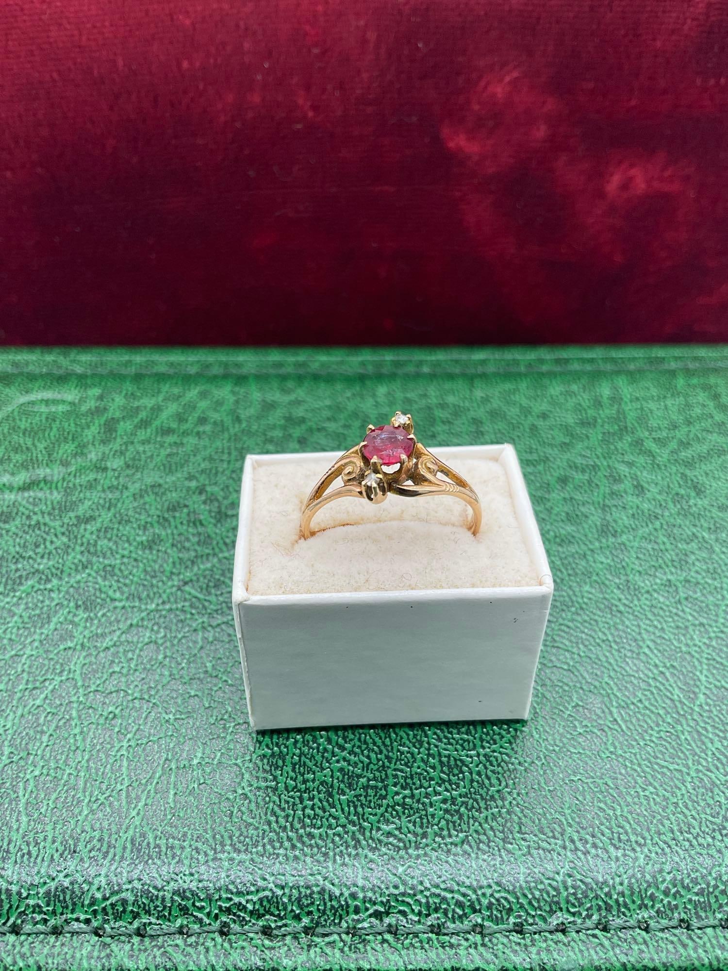Antique 14k gold Women's ring size 8 with Ruby center stone w/ diamond chips 1.89 grams (1 of 4)