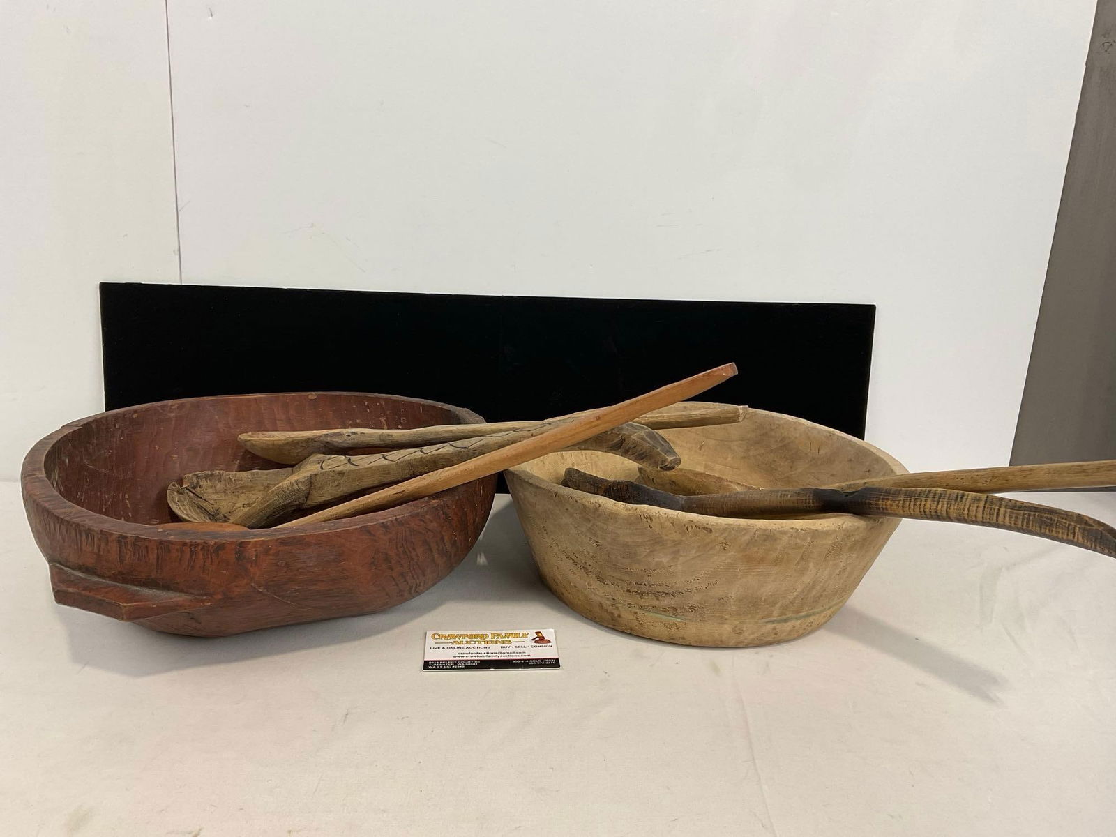 Antique Turkish Primitive Handcarved Pair of Wooden Bowls & 5 Wooden Spoons, 11h x 21w x 15d inches (1 of 4)