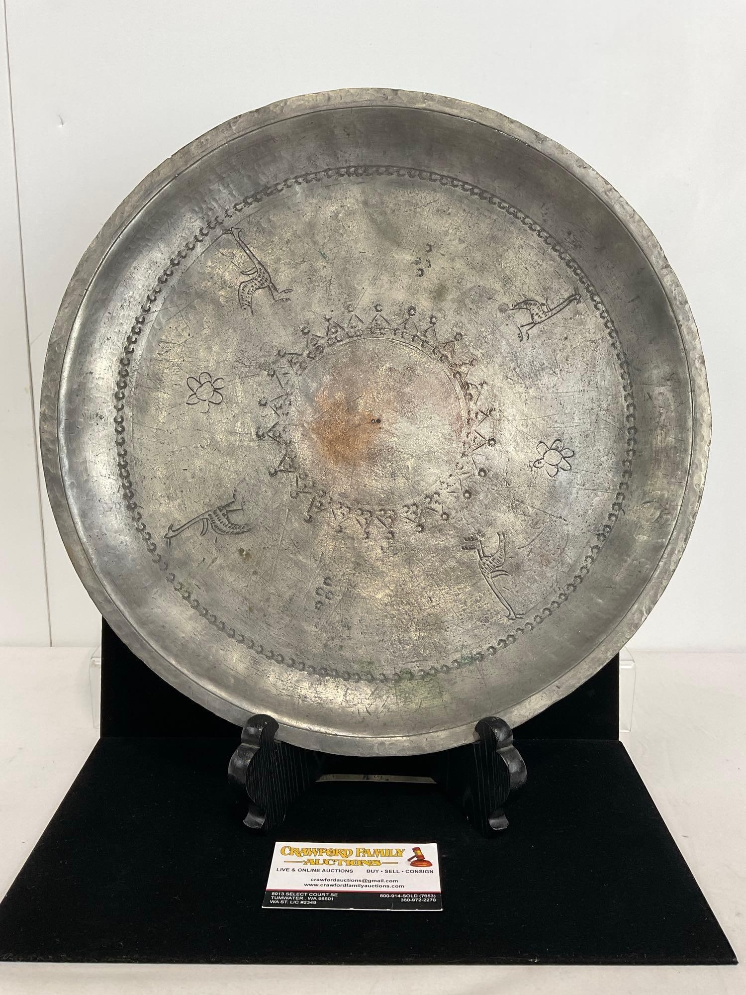 Antique 1890s Turkish Tinned Copper Plate, Engraved, approx 2h x 16w x 16d inches: Collection from a single consignor, who gathered these while living in Europe for many years. Most pieces are from are of Turkish/Greek origin, or otherwise European. Appears to be in good shape. The