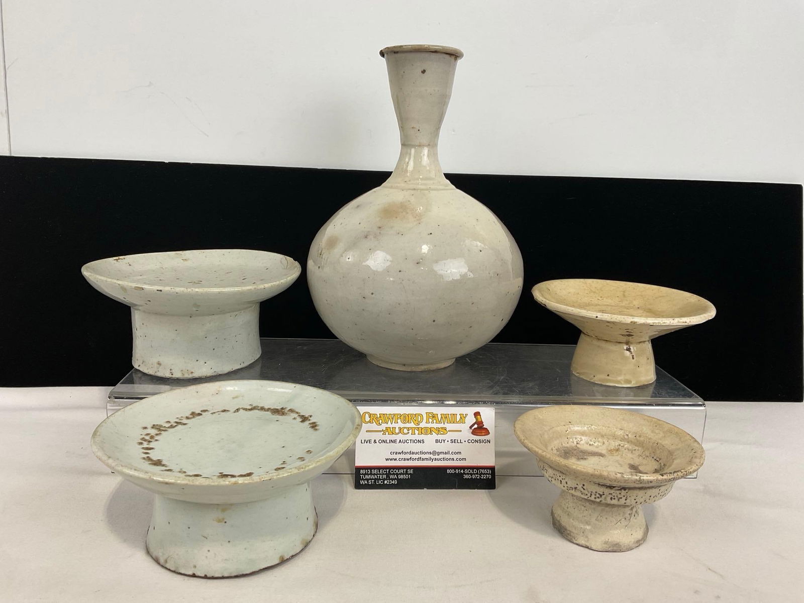 4 Antique Korean Footed Glazed Stoneware Stands & Thin Necked Moon Jar/Vase (1 of 4)