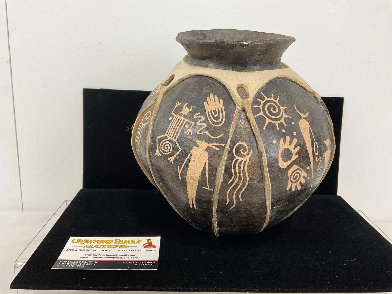 Native American inspired Art Pottery Jar w/ Rawhide, by Hilary Edwards, 8h x 9w x 9d inches (1 of 7)