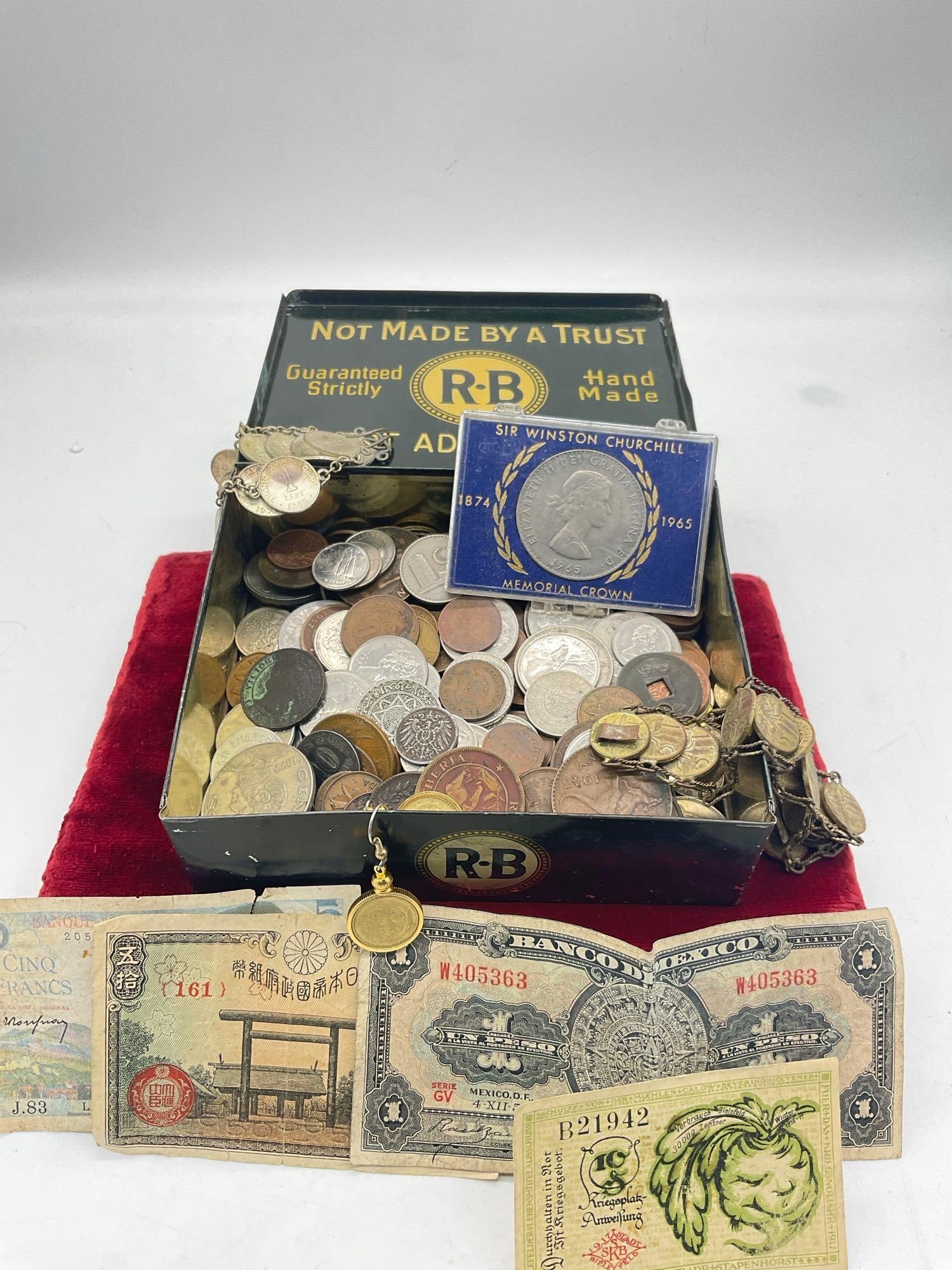 Antique R&B Metal Tobacco / cigar tin filled w/ antique & vintage foreign coins plus currency (1 of 5)