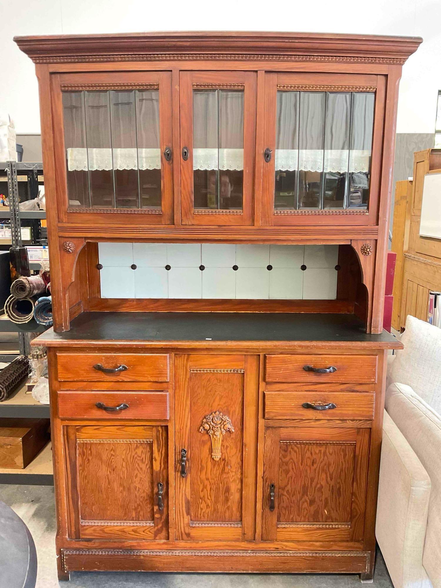 Antique 2-Piece Oak Kitchen Hutch Cabinet w/ Tile Backsplash & Lovely Details. Very Good Cond. (1 of 11)