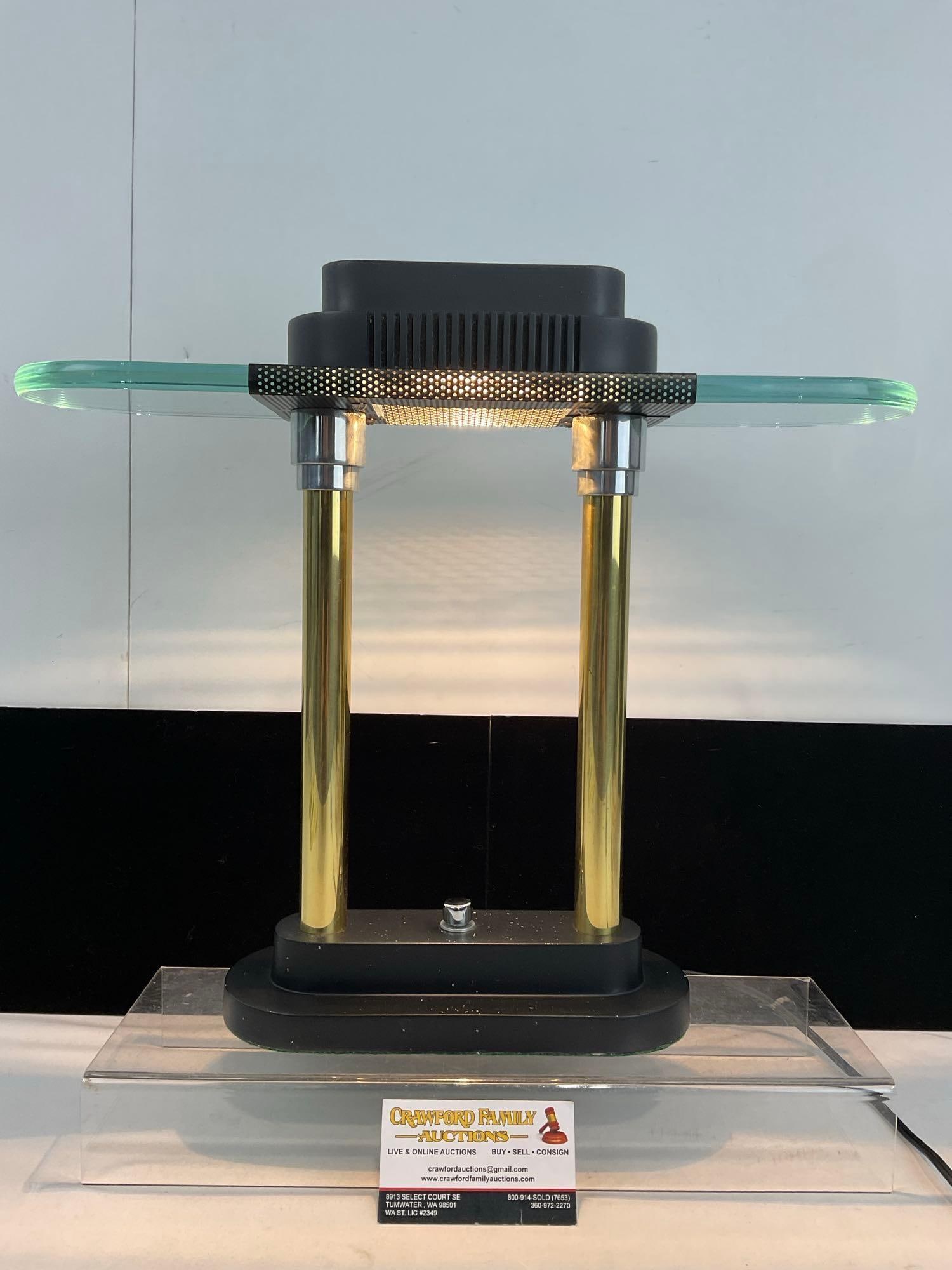 Vintage 1980 Postmodern style Bankers Lamp by Robert Sonneman for George Kovacs, tested & works: Has a dimmer switch, halogen lamp. Appears to be in good shape. The piece measures approx 16h x 18w x 6d inches. See pics. E-4800