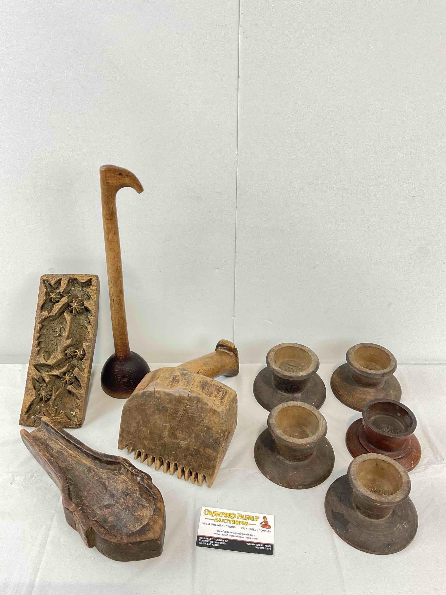 9 pcs Antique Primitive Wooden Assortment, incl. Block Print, Candle Stands, Comb & More! (1 of 7)