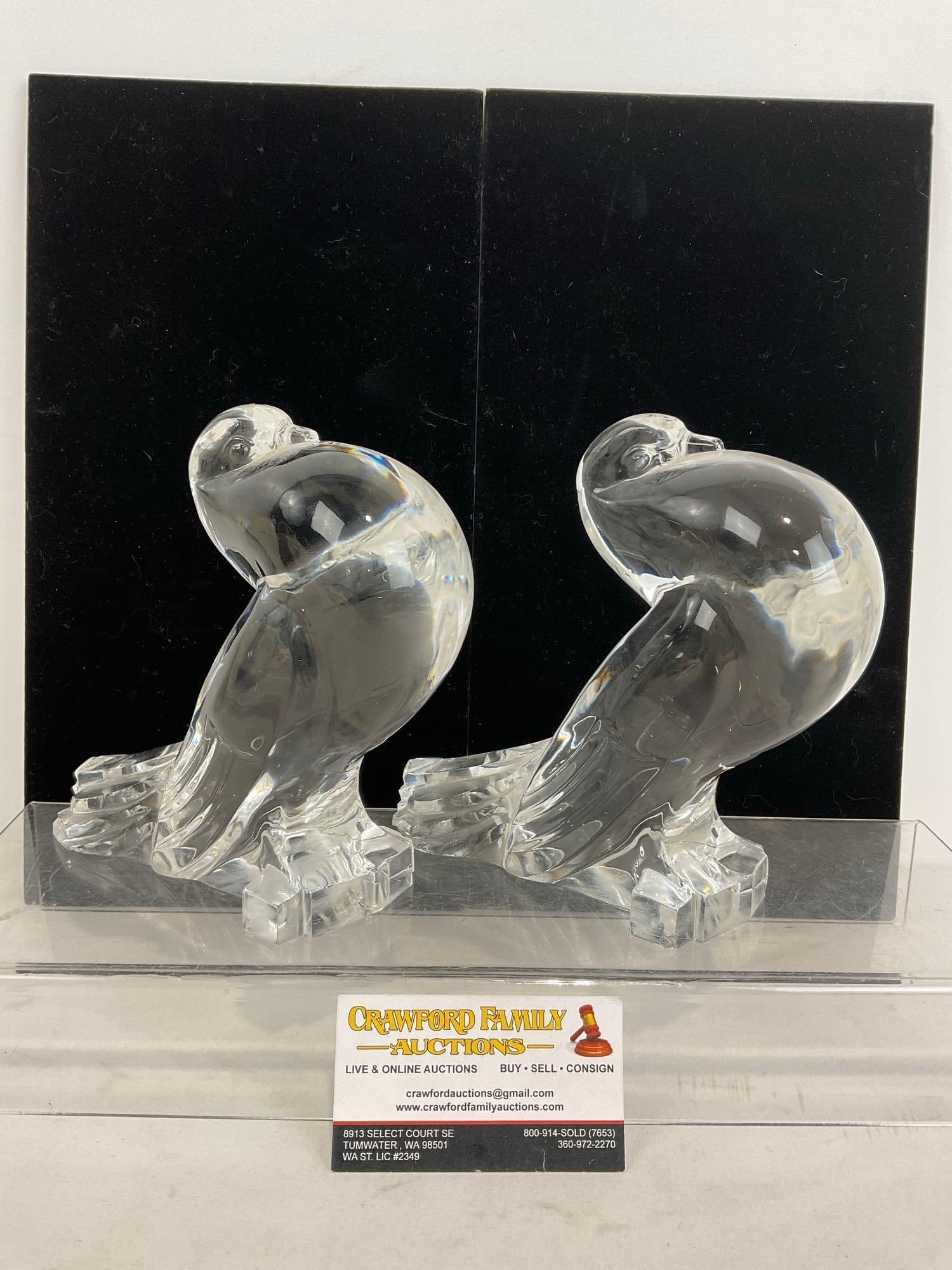 2 Steuben Crystal Pouter Pigeon Glass Sculptures, model #7729 by Sidney Waugh, Signed on bottom (1 of 8)