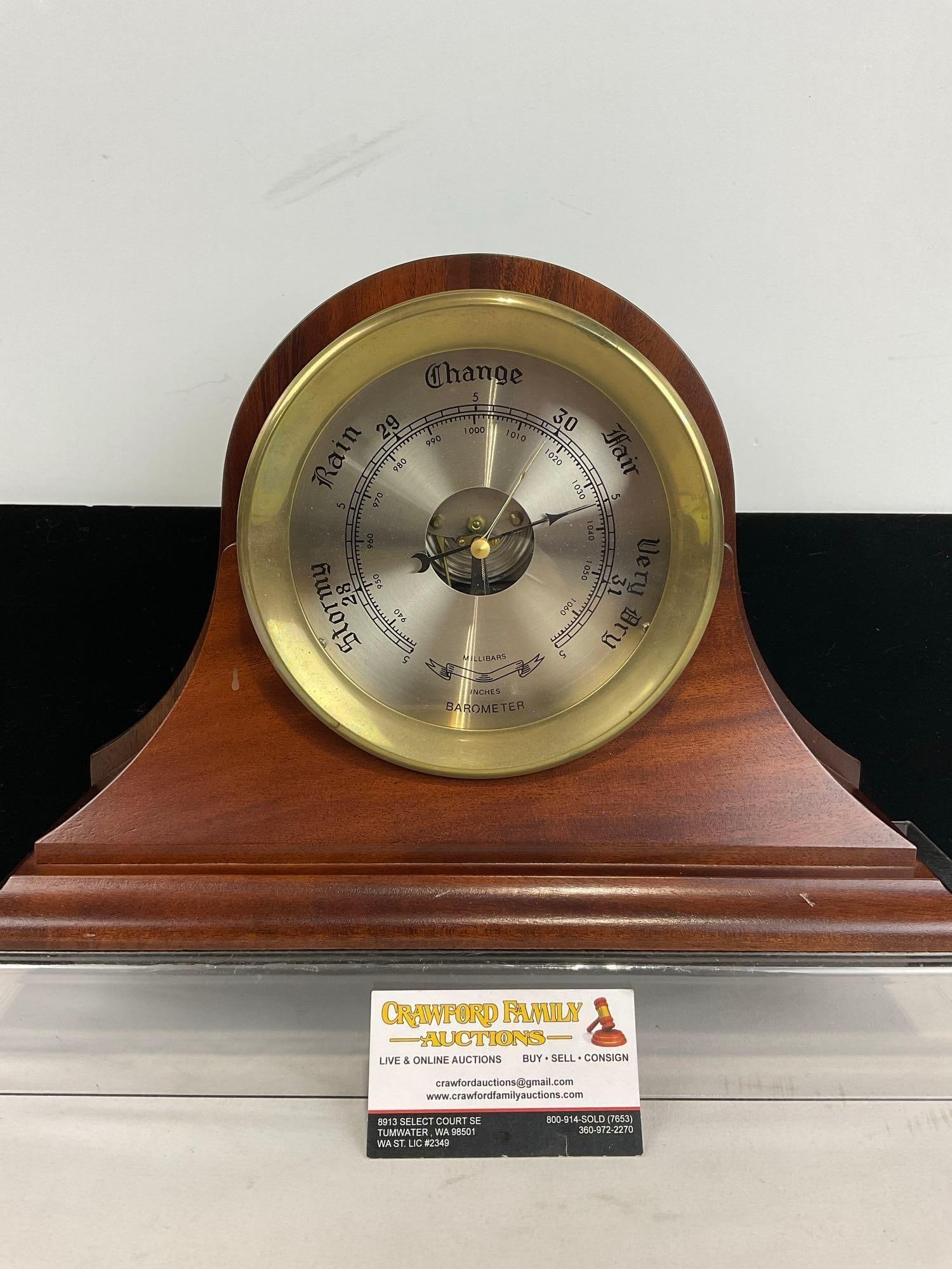 Mantel Barometer, Wood & Brass Camelback Clock style, 10h x 15w x 5d inches (1 of 4)