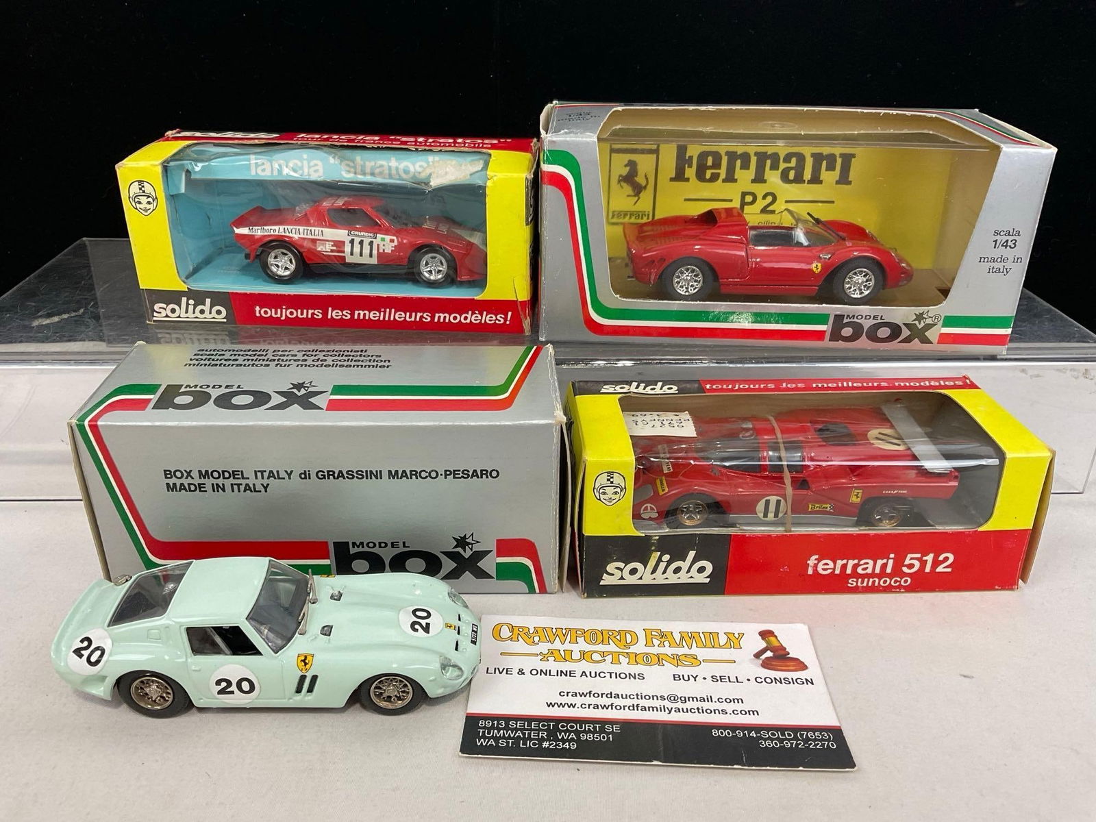 4 Diecast Car Models, 1 Lancia Italia & 3x Ferrari, P2, 250 GTO, & 512 Sunoco in boxes (1 of 4)