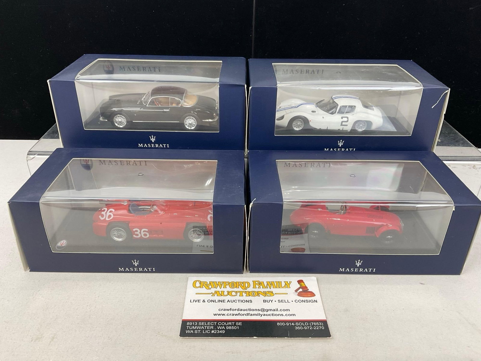 4x Maserati Diecast Cars in box, A6G.CS Monofaro, A6G/54 Frua Coupe, 450F Grand Prix 1955, 450S 1...: Appears to be in good shape. The piece measures approx 6h x 7w x 7d inches. See pics. E-5260