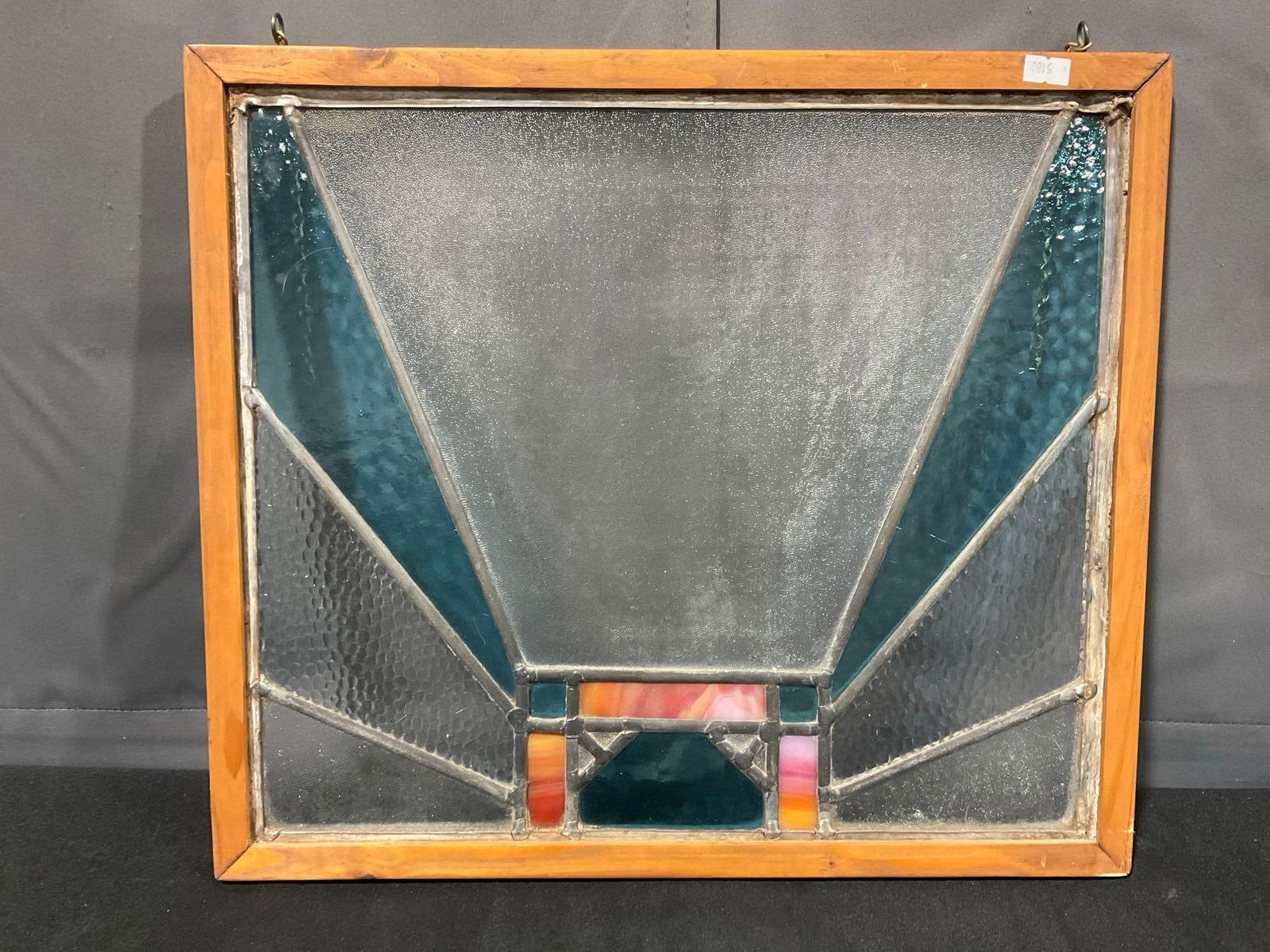 Framed Stained Glass Window, Hanging, Blue/Clear & Sunset Ombre Colors, 17h x 19w x 3d inches: Appears to be in good shape. The piece measures approx 17h x 19w x 3d inches. See pics. E-5180 *Oversized shipping may apply*