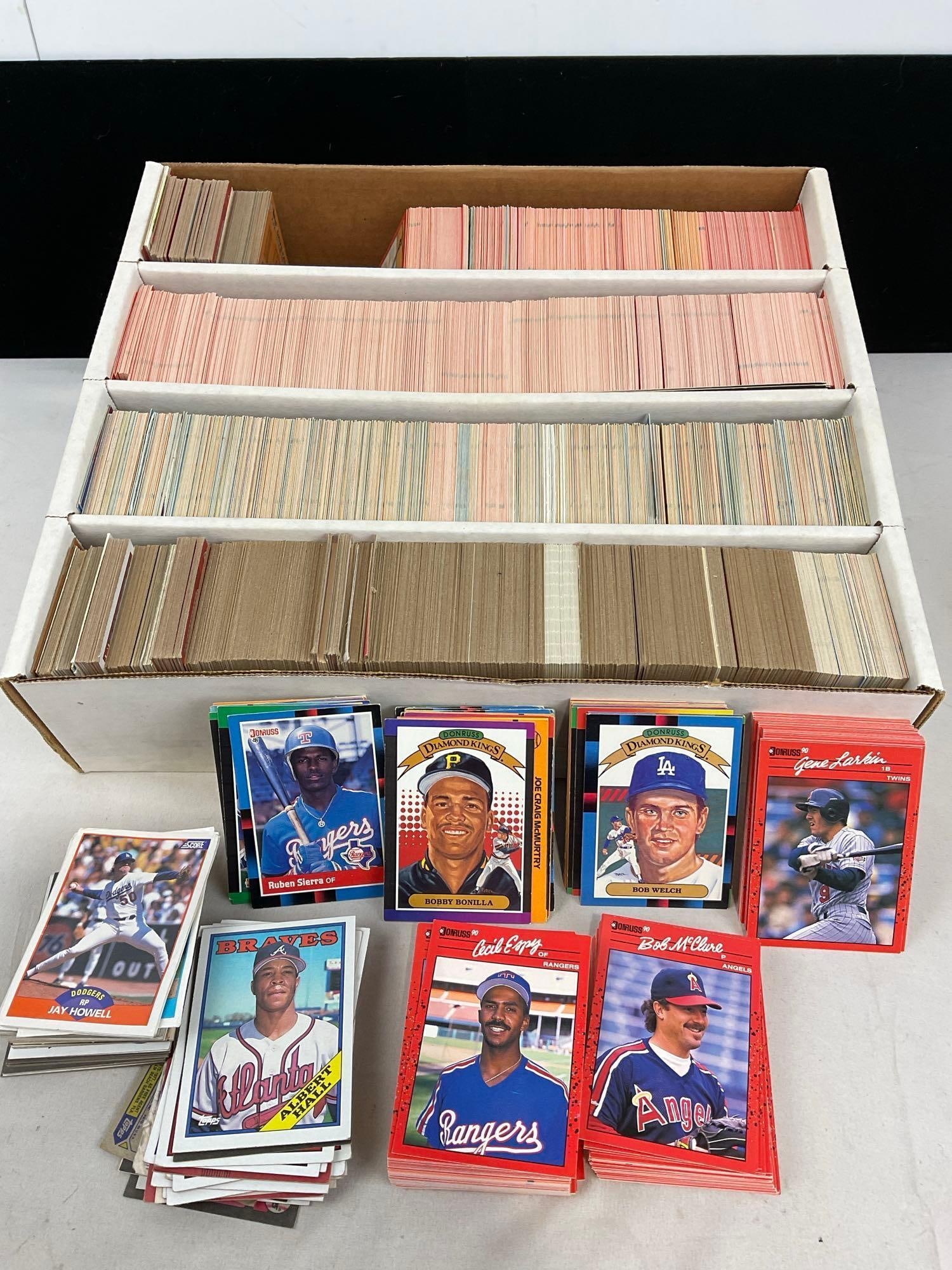 Huge Assortment of Baseball Cards, approx 3000-3200 pcs, Donruss, Topps, Score & more: Similar to next lot. Appears to be in good shape. The piece measures approx 5h x 17w x 14d inches. See pics. E-5180