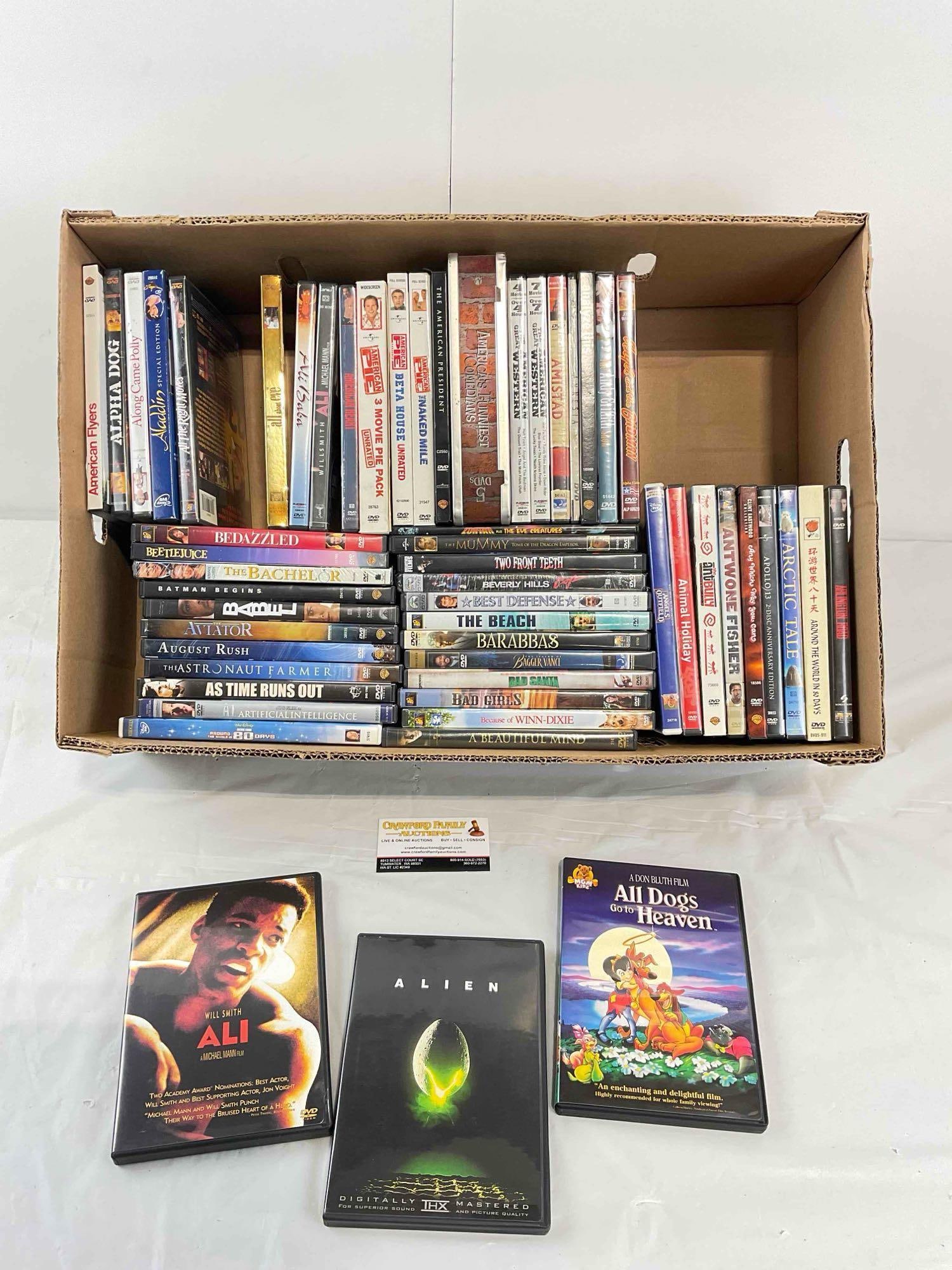 50+ pcs DVD Movie & TV Collection, incl. Alien, Disney Aladdin, Beetlejuice, Babel & More! See pi...: 50+ pcs DVD Movie & TV Collection, incl. Alien, Disney Aladdin, Beetlejuice, Babel & More! Not all cases have been checked, should contain discs, condition is otherwise very good. Fits in box
