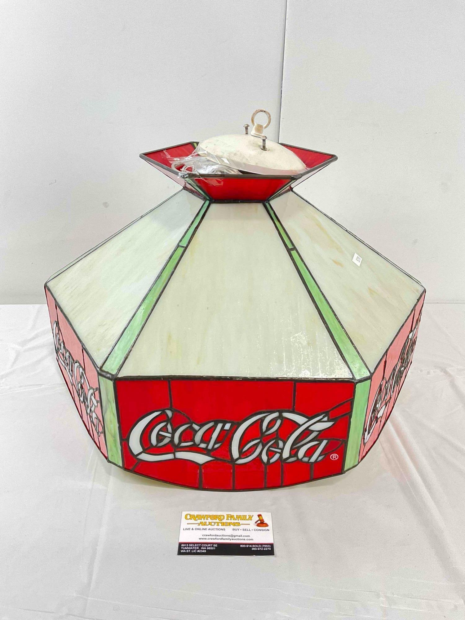 Vintage Stained Glass Lamp w/ Coca Cola Branding. Very Good Condition. Untested. See pics.: Vintage Stained Glass Lamp w/ Coca Cola Branding. Minor wear, otherwise in Very Good Condition. Untested, hardwired, condition is otherwise very good. Measures 20" x 20" x 16" DM-5230 *Oversized