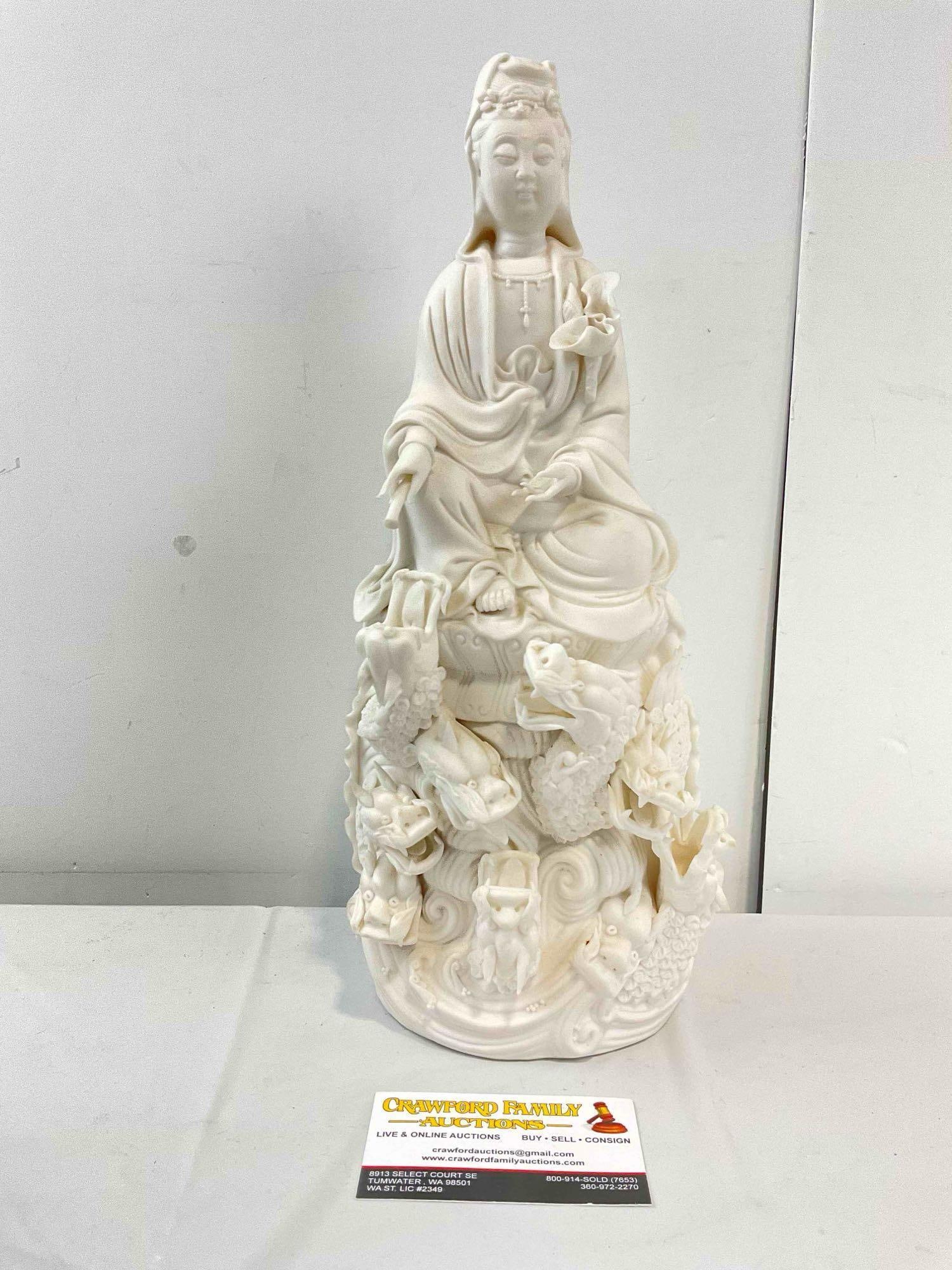 Intricately Carved White Porcelain Ceramic Statuette of Guanyin w/ Dragons. Good Condition. (1 of 9)
