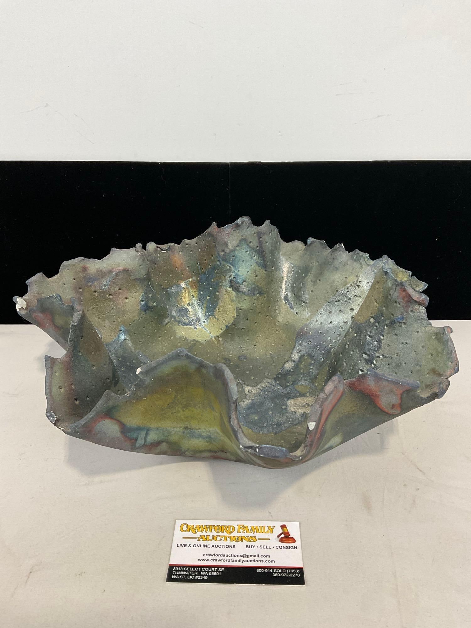 Decorative Clay Sculpture Centerpiece Bowl, approx 6h x 16w x 16d inches, green, blue, hints of red: Appears to be in good shape. The piece measures approx 6h x 16w x 16d inches. See pics. E-5180