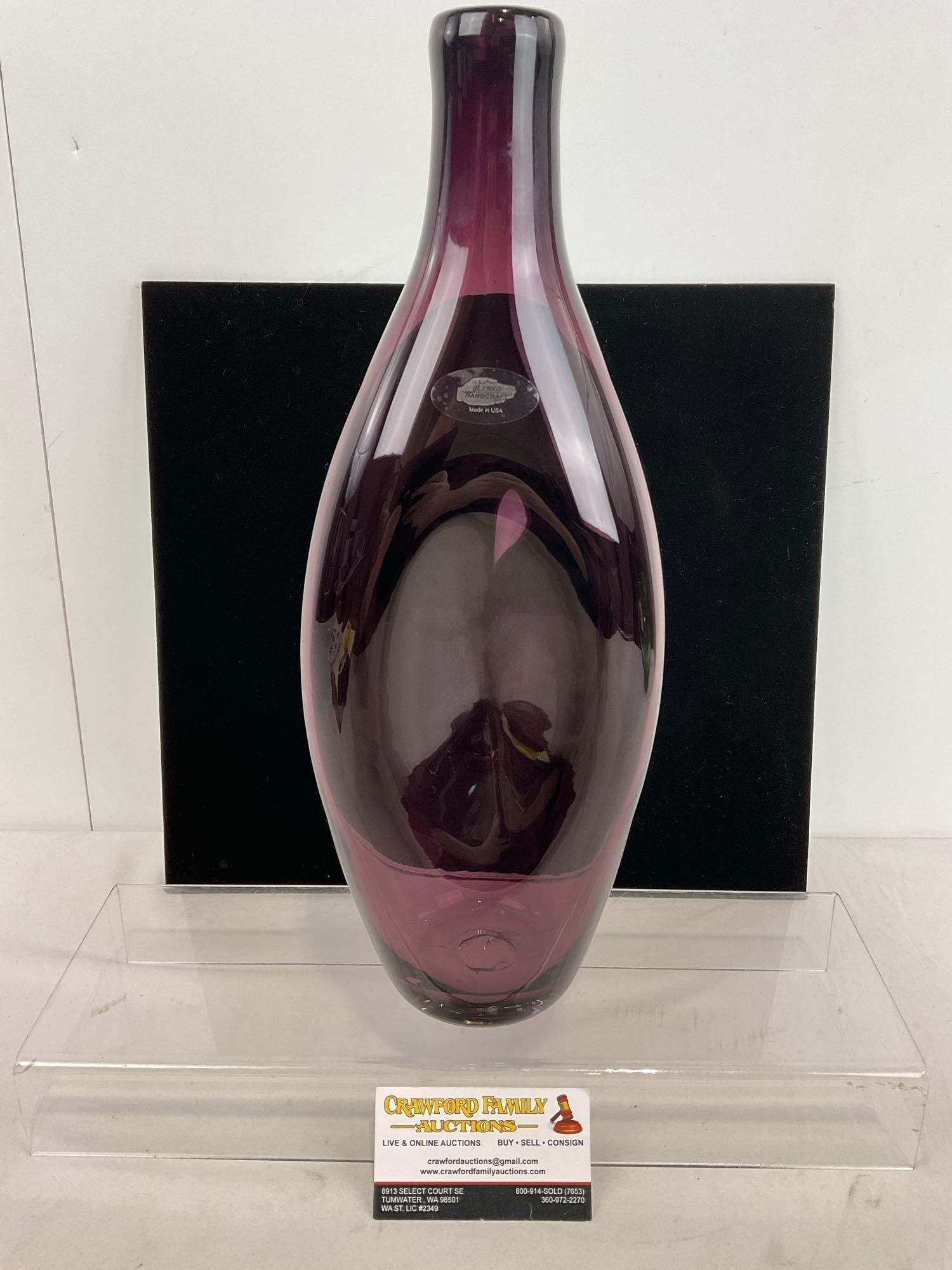Blenko Glass 2008 Amethyst Bottle, Pair of Concave portions, 16h x 7w x 5d inches (1 of 4)