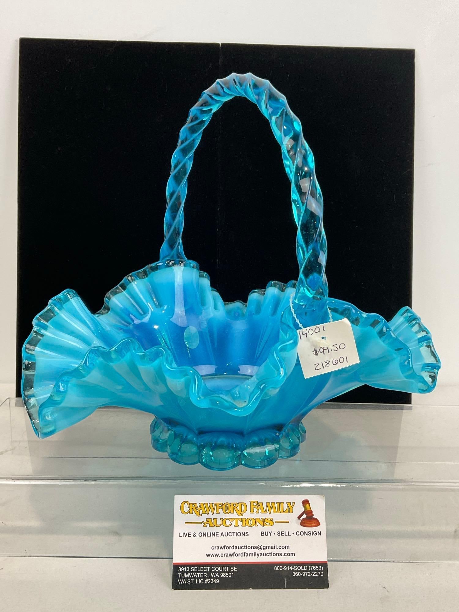 Vintage Fenton Art Glass Blue Basket, 11h x 10w x 12d inches, Clear Blue on Blue, Very Frilled Edge (1 of 4)