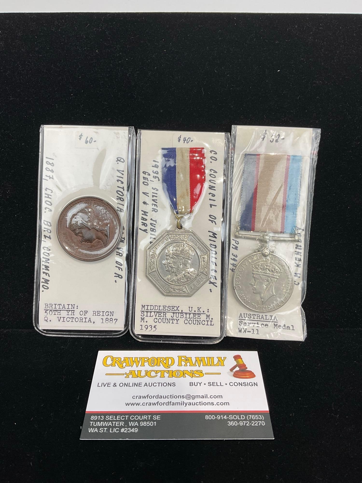2 British Medals, 50th Year Queen Victoria 1887, Silver Jub. 1935 & Australian Service Medal WWII (1 of 4)