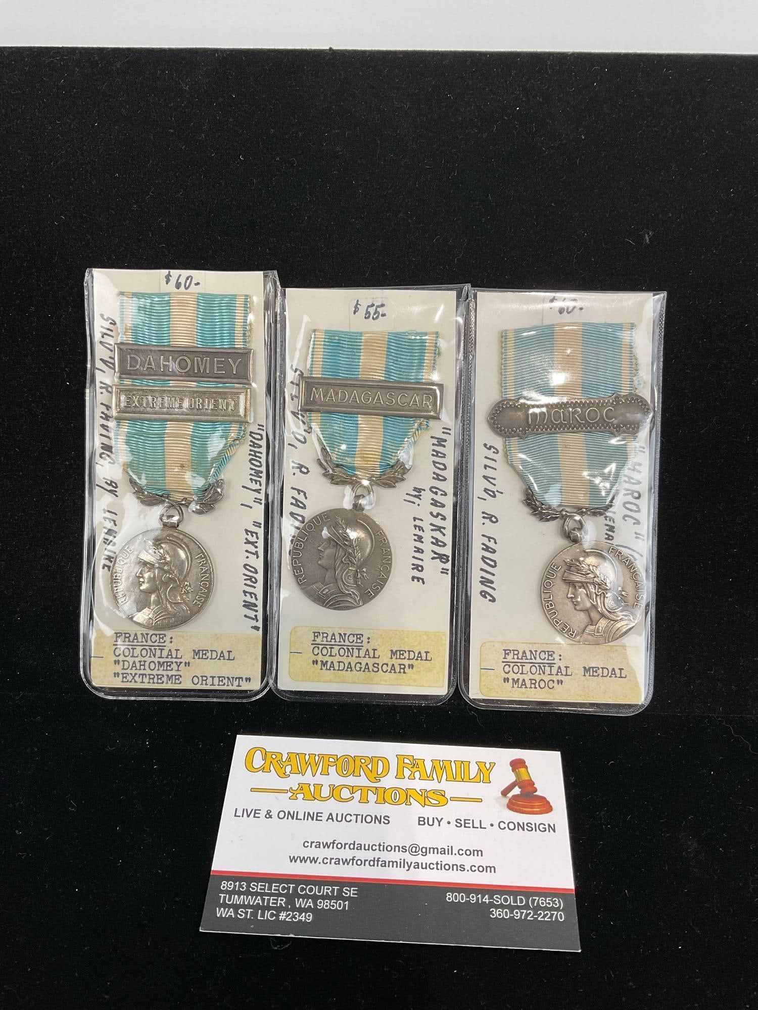 3 Antique French Colonial Medals, Dahomey, Madagascar & Maroc, African Colonies (1 of 4)