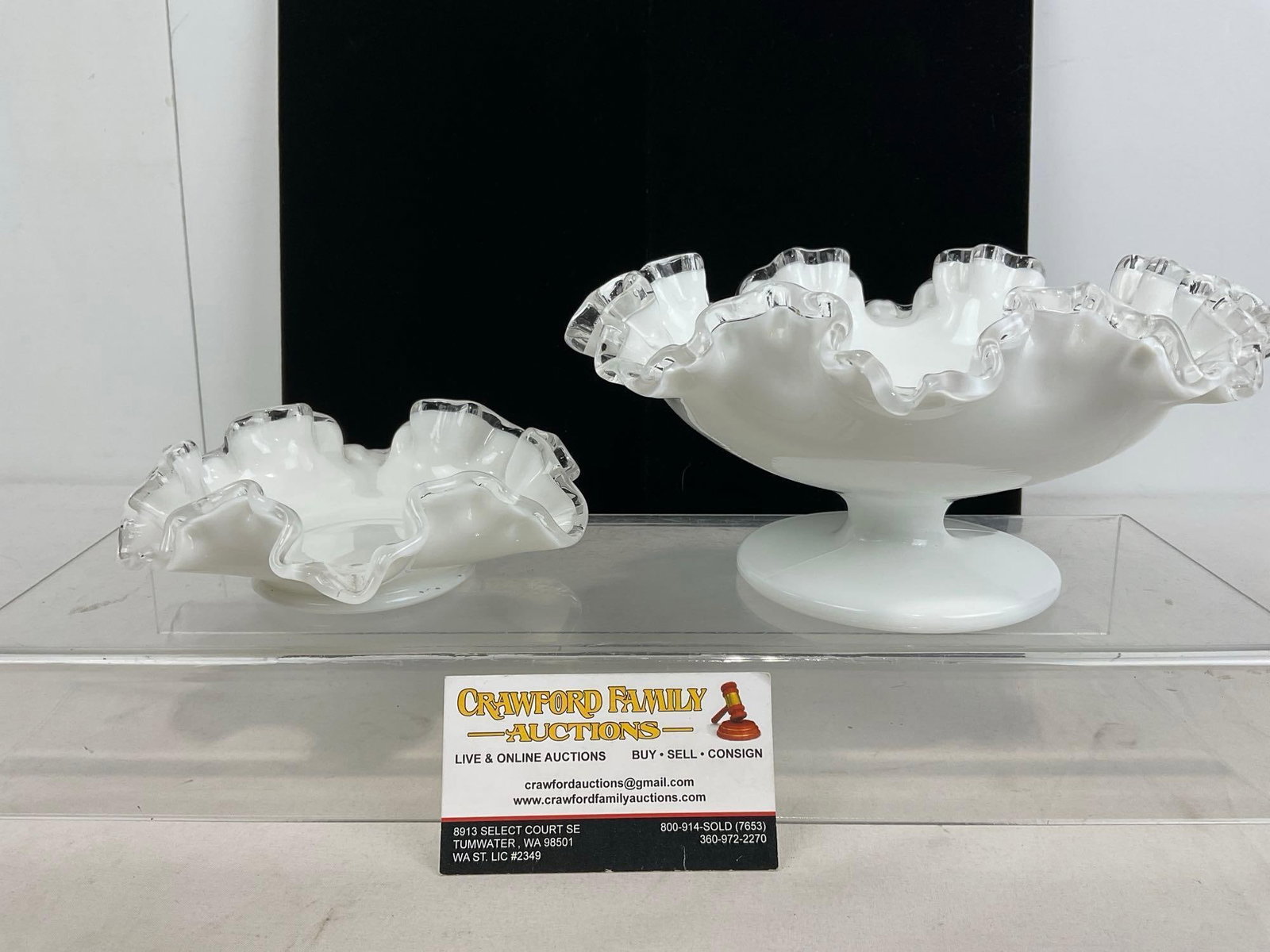 Pair of Fenton Frilled Dishes, Silver Crest Line #36 & #206 from 1942-1959, 5h x 9w x 9d inches: Appears to be in good shape. The piece measures approx 5h x 9w x 9d inches. See pics. E-5310