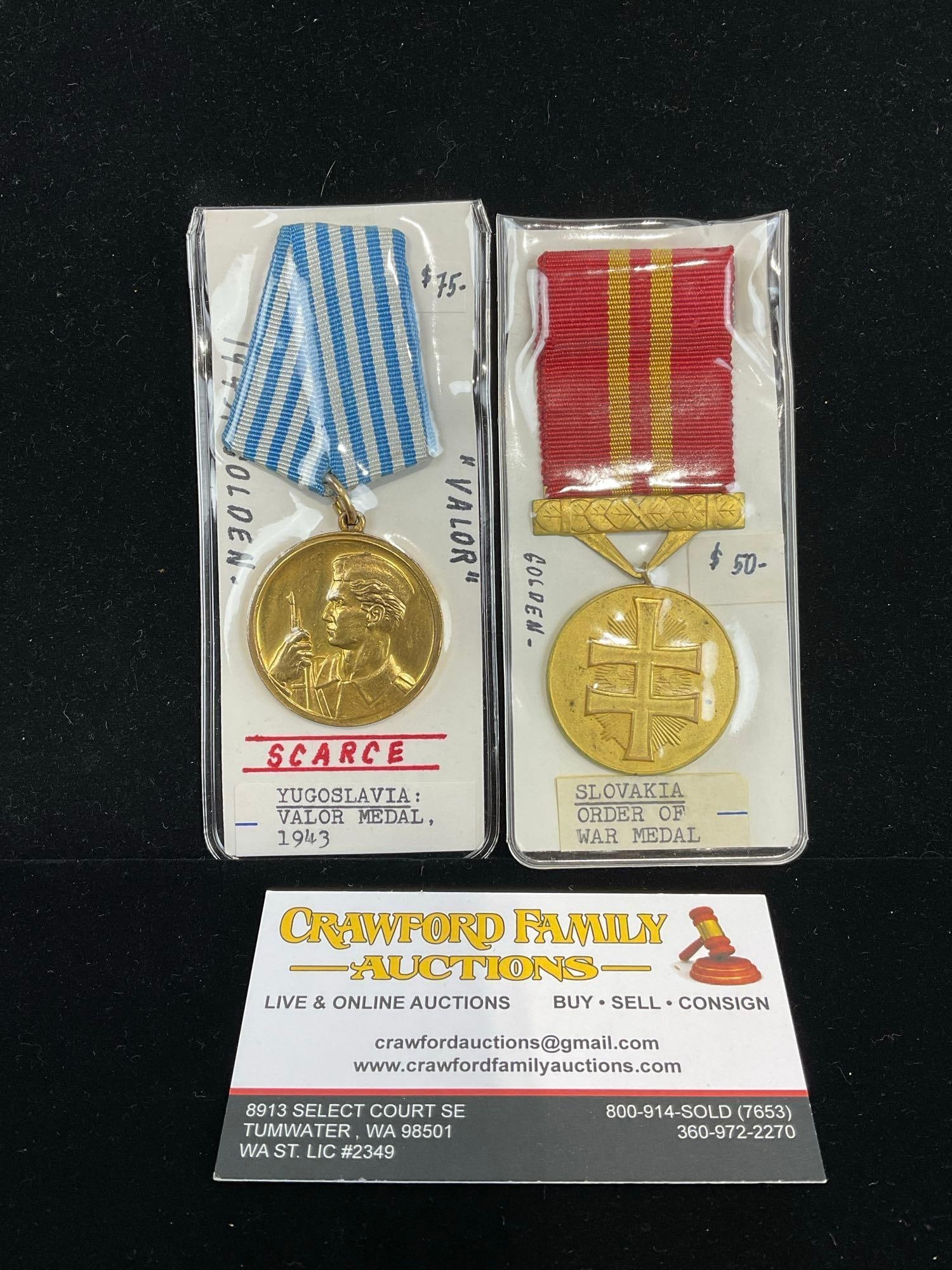 2 Medals, Scarce Yugoslavia Valor Medal 1943 & Slovakian Order of War Medal WW2 Era, Gold Plated ... (1 of 3)