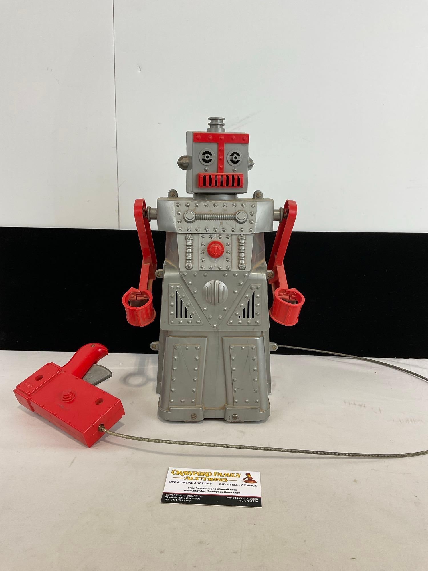 Vintage 1950s Ideal Toy Corp. Robert the Robot Toy, w/ Controller, needs batteries, 14x9x9 inches: Appears to be in good shape for the age of the piece, may need some servicing to operate fully, and needs batteries for lights. The piece measures approx 14h x 9w x 9d inches. See pics. E-5180