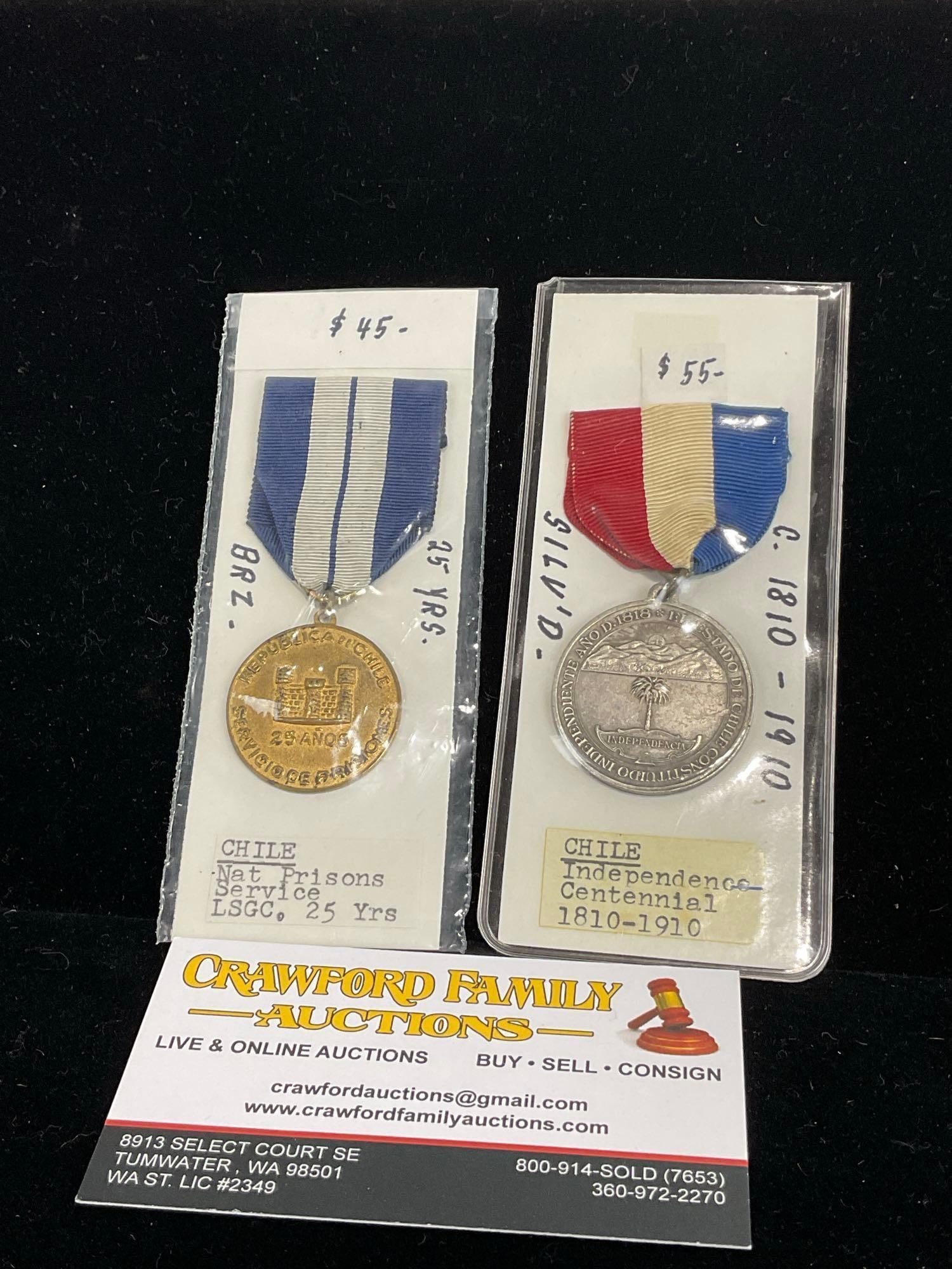 Pair of Chilean Medals, Nation Prisons Service LSGC 25 Years & Independence Centennial 1810-1910 (1 of 3)
