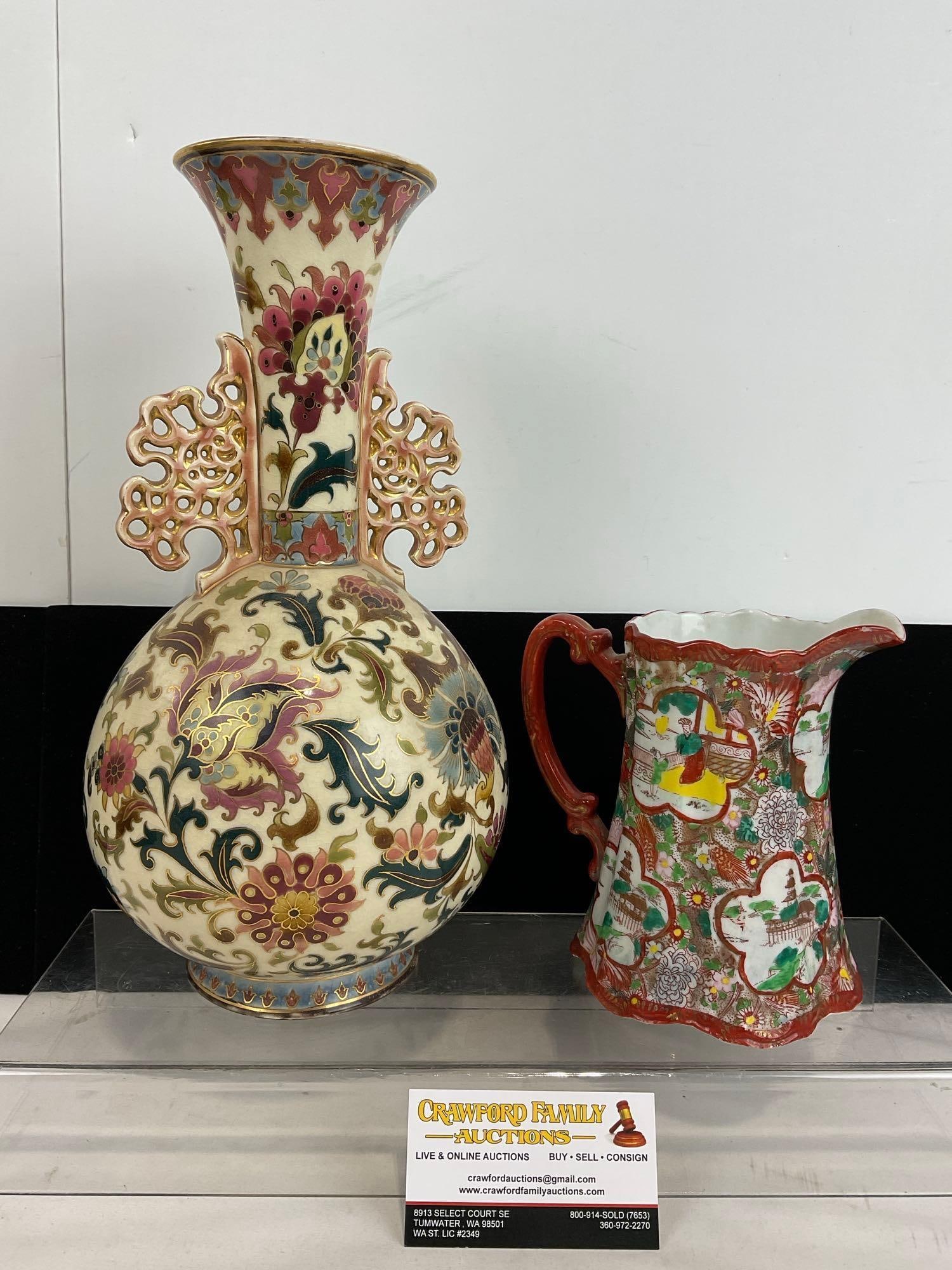 Antique Tall Ornate Handpainted Porcelain Vase & Kutani Japanese Pitcher (1 of 7)