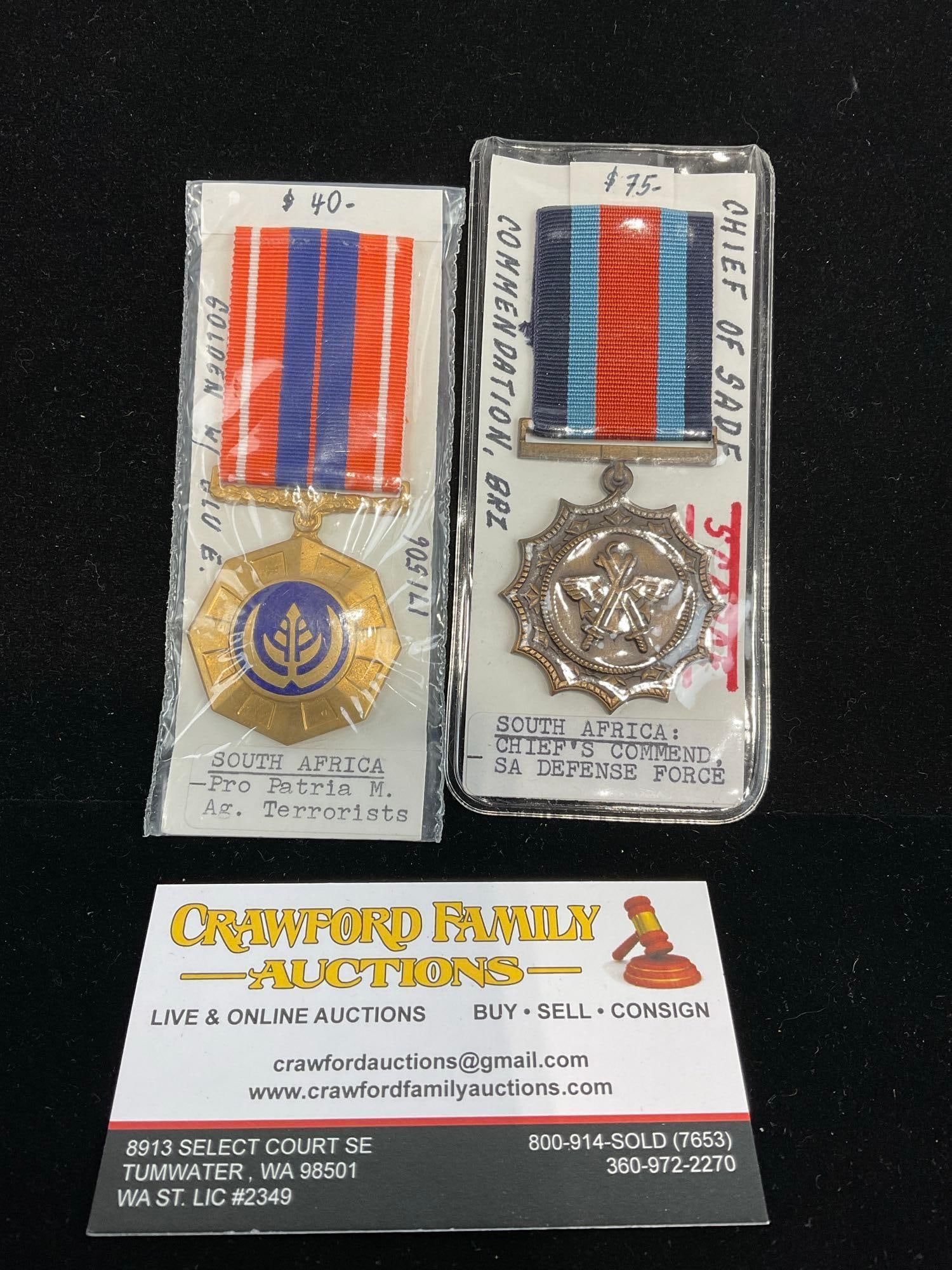 Pair of South African Medals, Pro Patria Ag. Terrorists & Chiefs Commendation SA Defense Force (1 of 3)