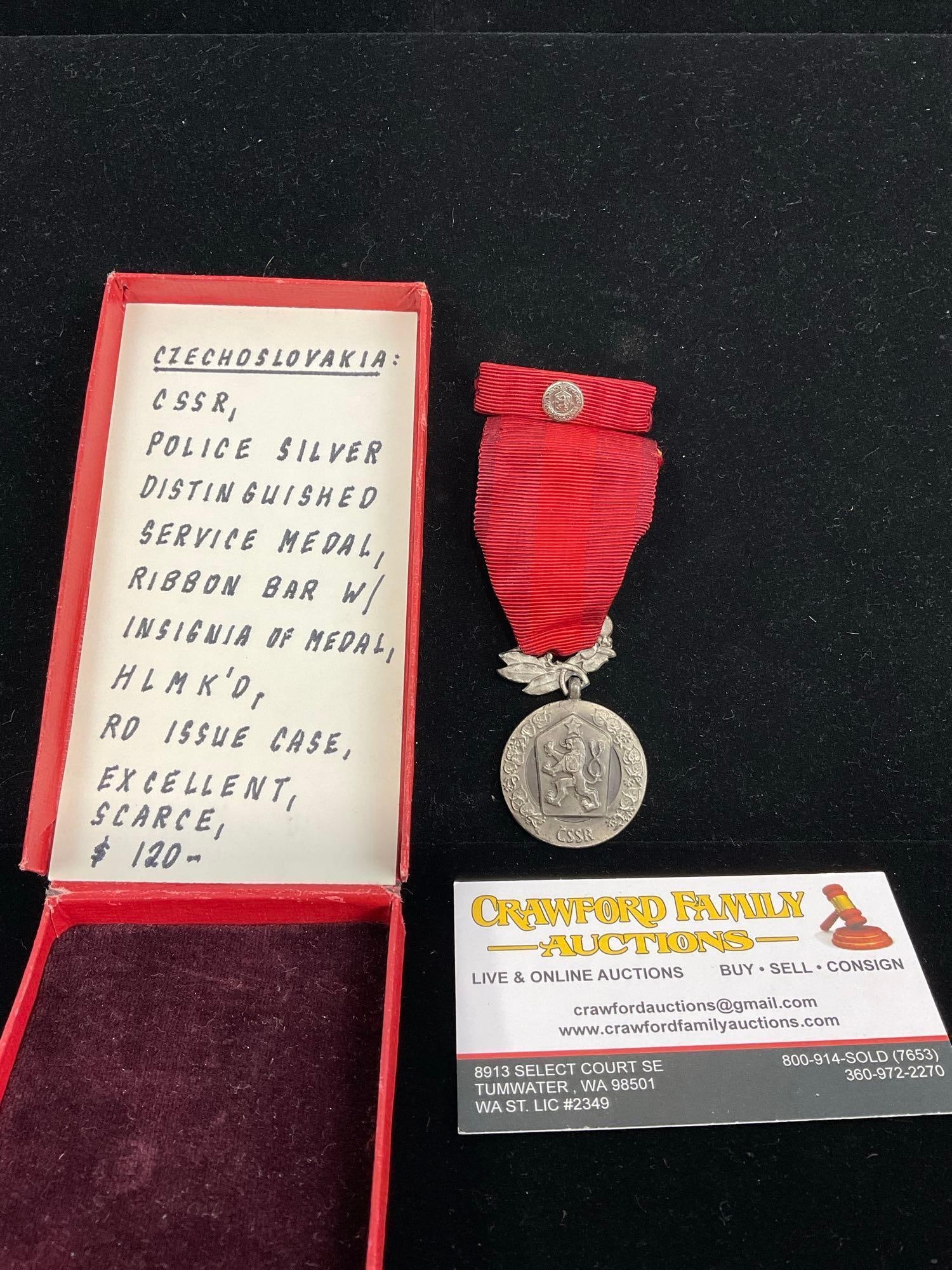 Czechoslovakian Medal, CSSR Police Silver Disting. Service Medal, Hallmarked, Rare, w/ Ribbon Bar (1 of 4)