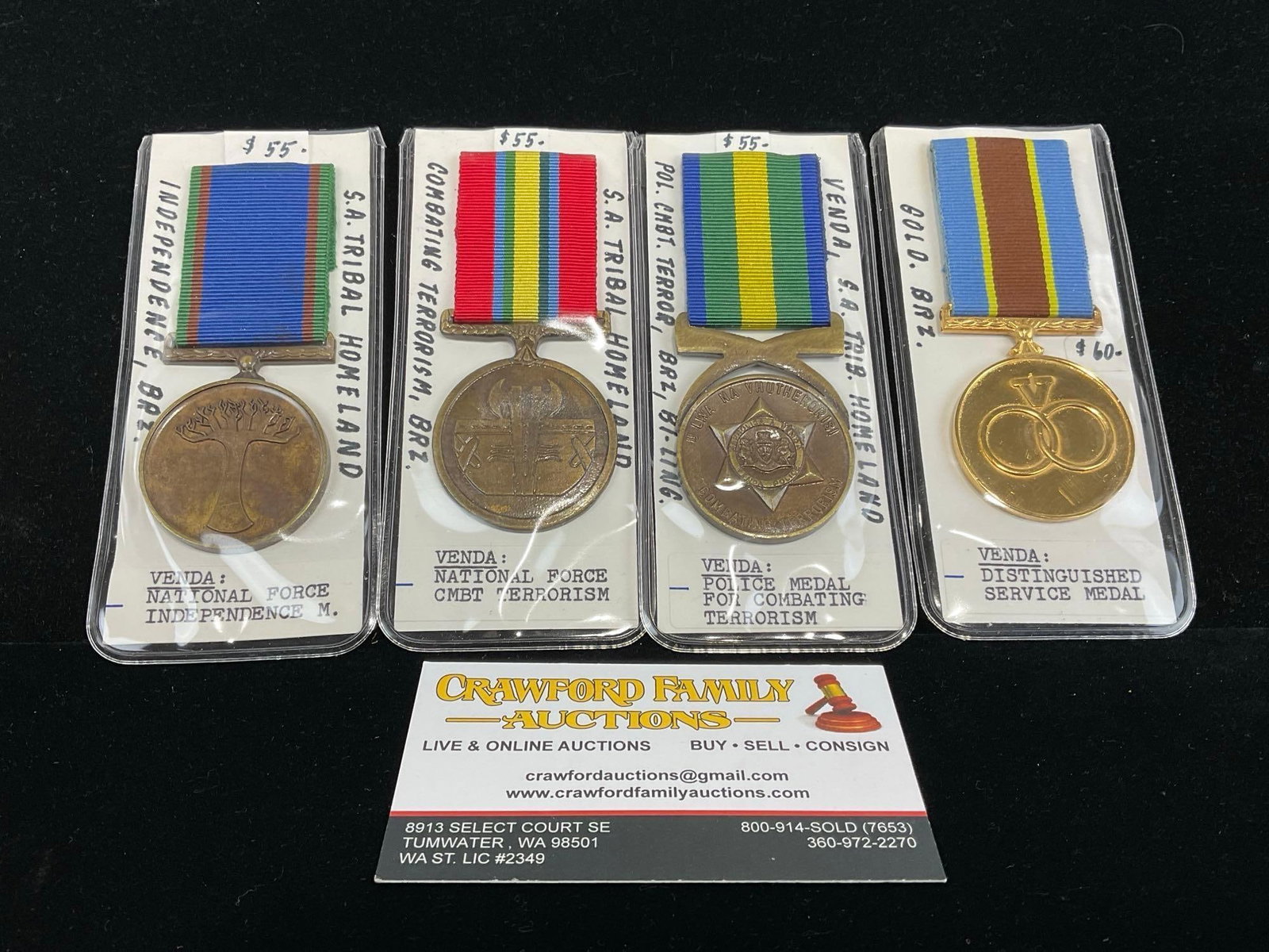 4 South African Venda Tribal Medals, National Force Indep., Distin. Srv & 2x Combating Terrorism: All from a single collection, these are briefly described on the tag and were kept in a display. They measure approx 6h x 3w x 2d inches. See pics. E-5300