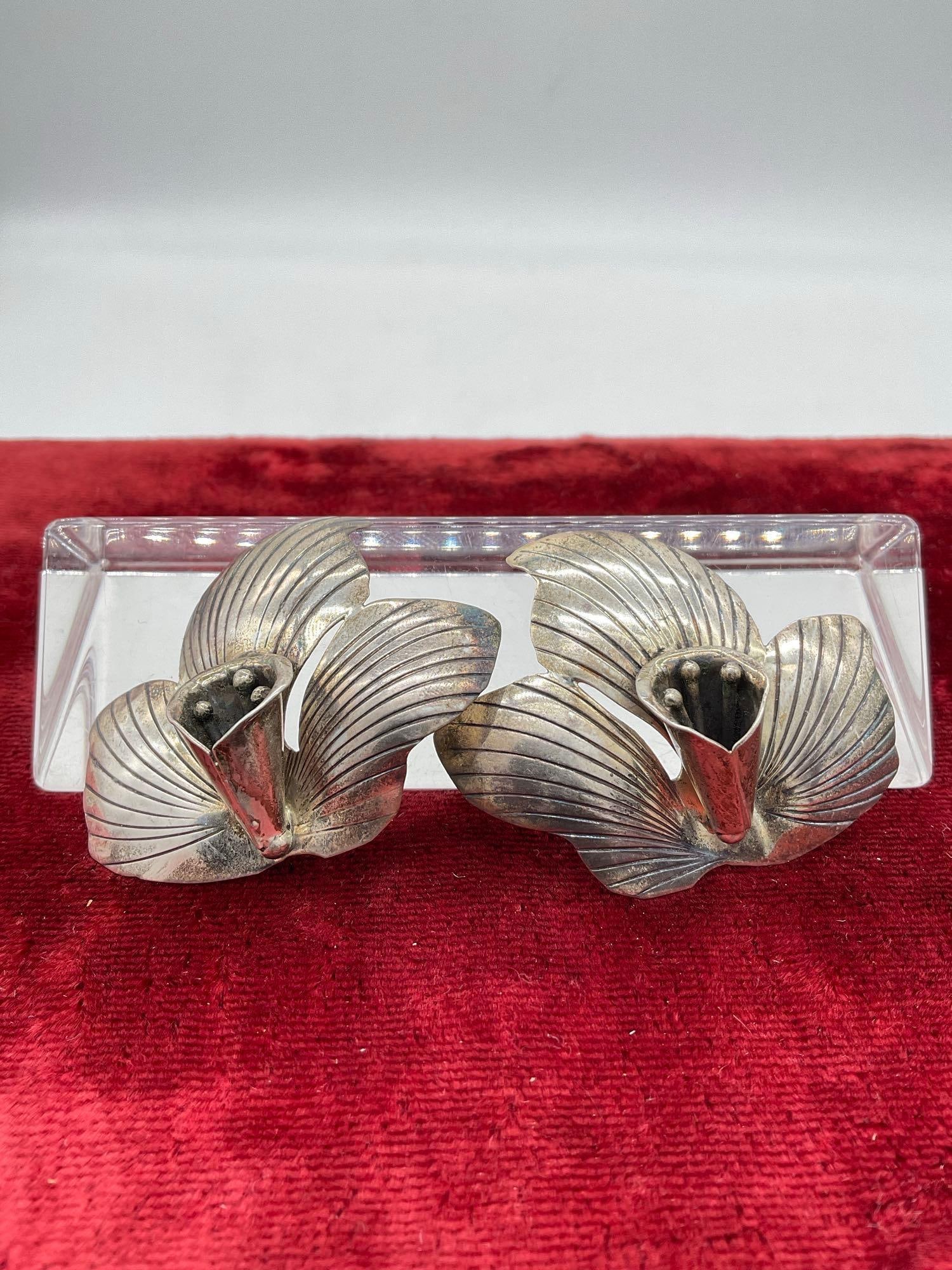 Vintage Carol Felley 1987 floral orchid blossom sterling silver earrings - rare set (1 of 3)