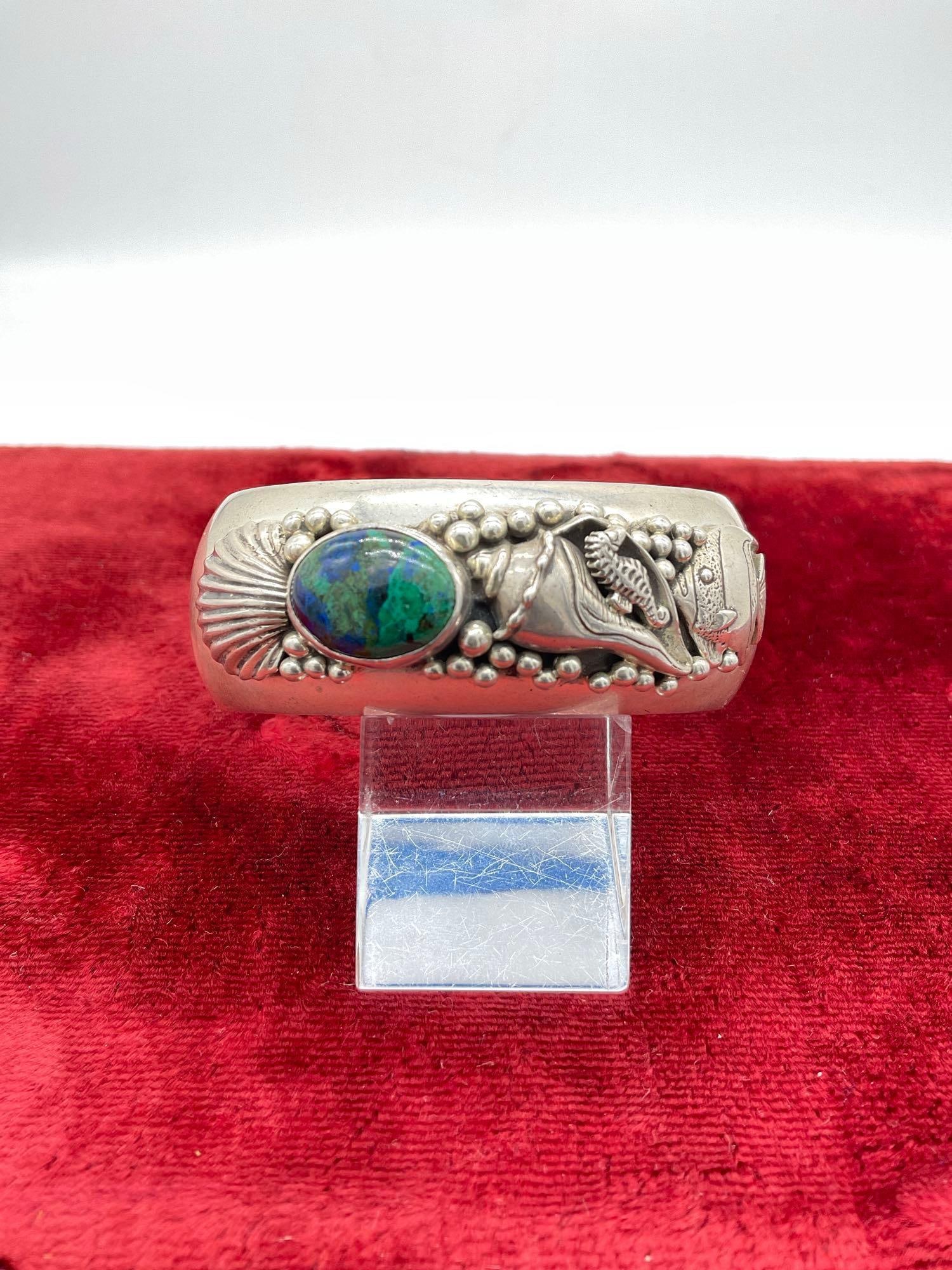 Lorenzo Secatero for Carol Felley Navajo sterling silver cuff w/ turquoise aquatic scene (1 of 6)