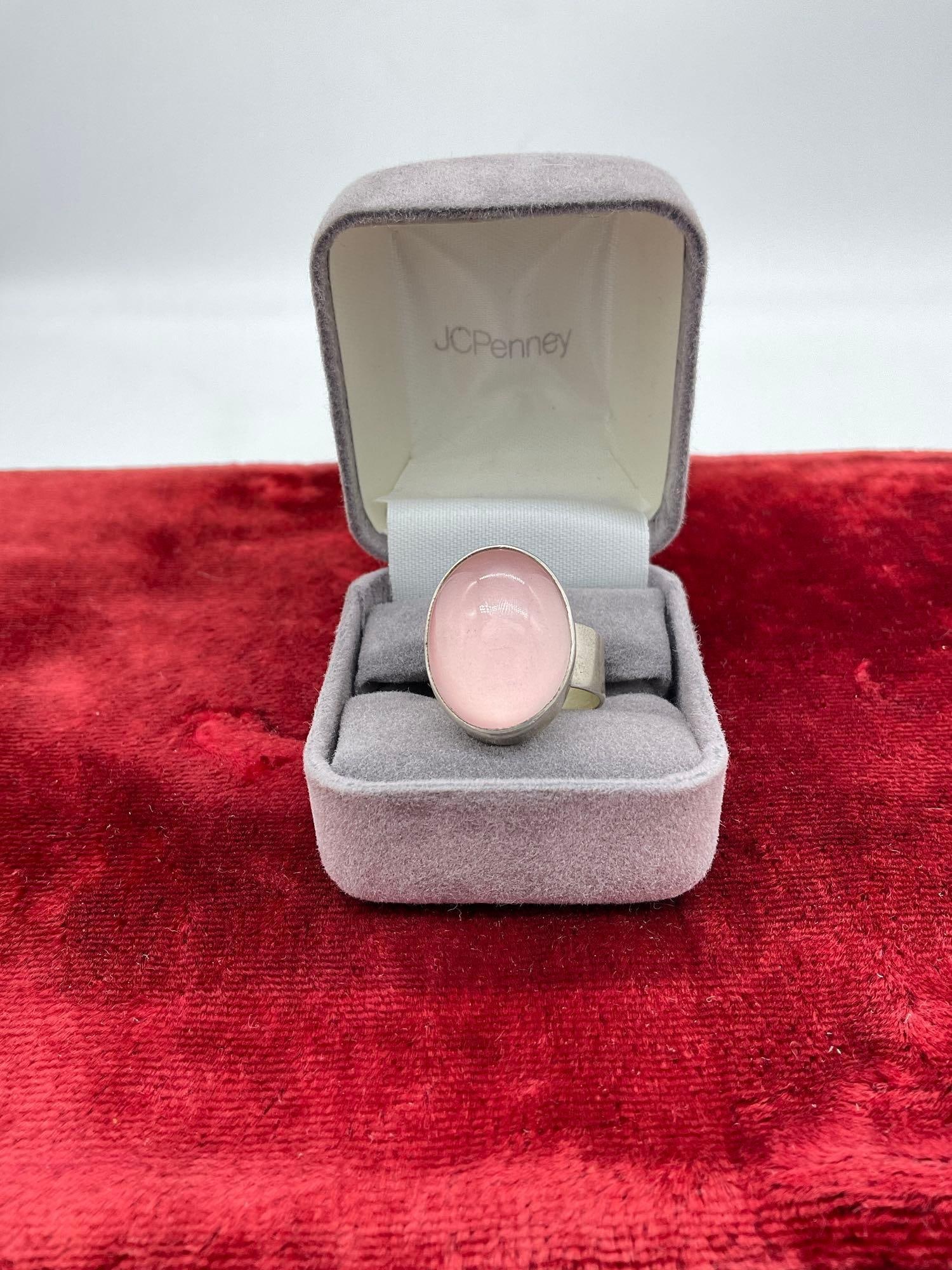 Sterling silver 1989 Carol Felley vintage pink moonstone look cabochon ring sz 7: Stone has a pink backing, unsure is stone is semi precious or glass/crystal with pink undertone JC-5320