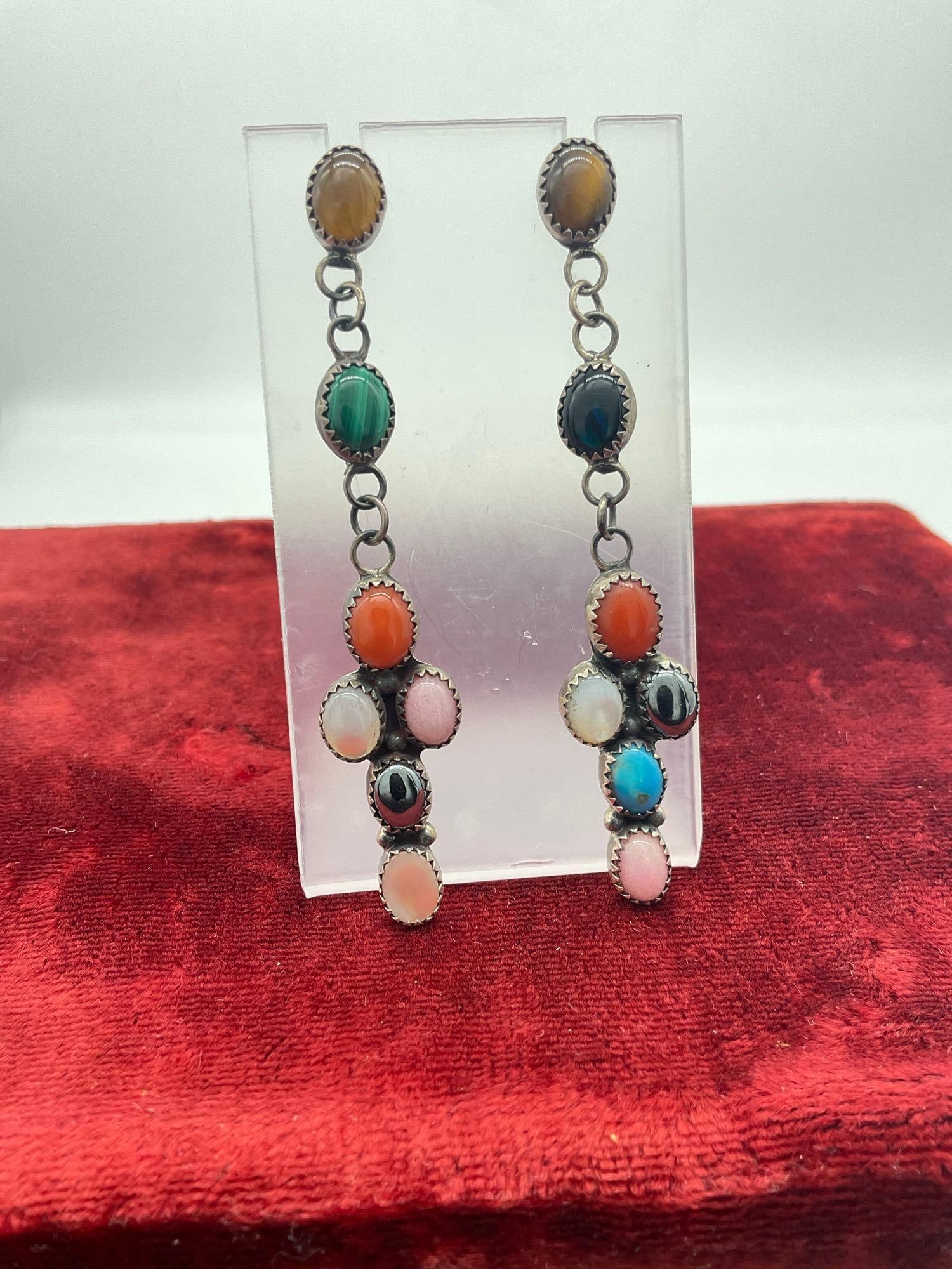 Stunning Nakai Native American sterling silver asymmetrical cross earrings w/ semi-precious stones (1 of 3)